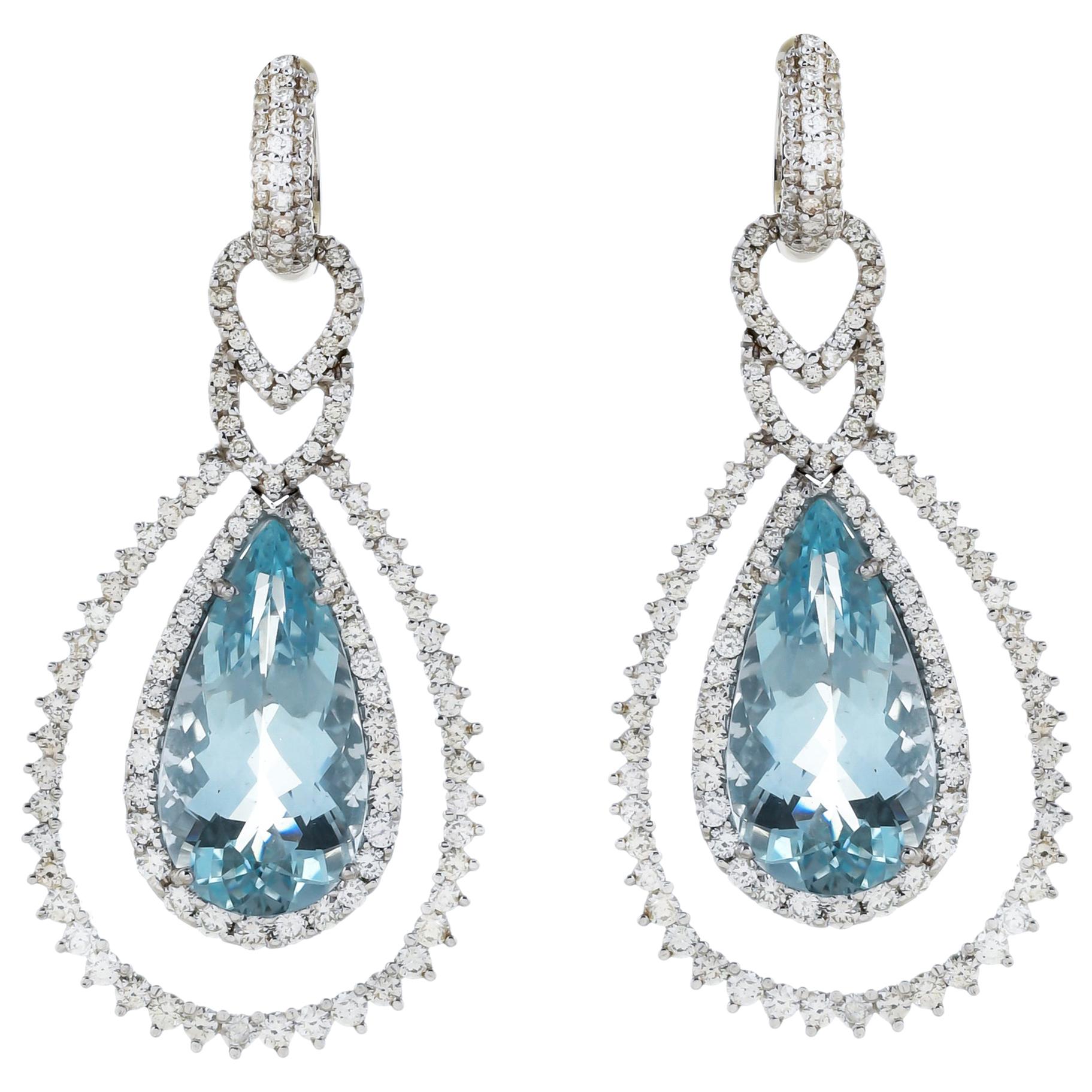 21.28 Carat Aquamarine And 4.89 Carat Diamond 18 Karat White Gold Drop Earrings  For Sale