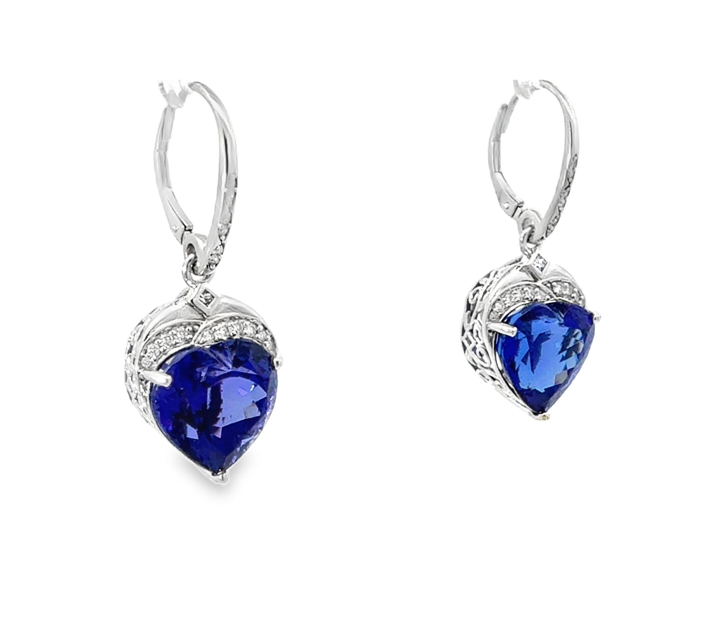 Contemporary 21.28 Carat Heart-Shaped Tanzanite and Diamond Dangle Earrings For Sale