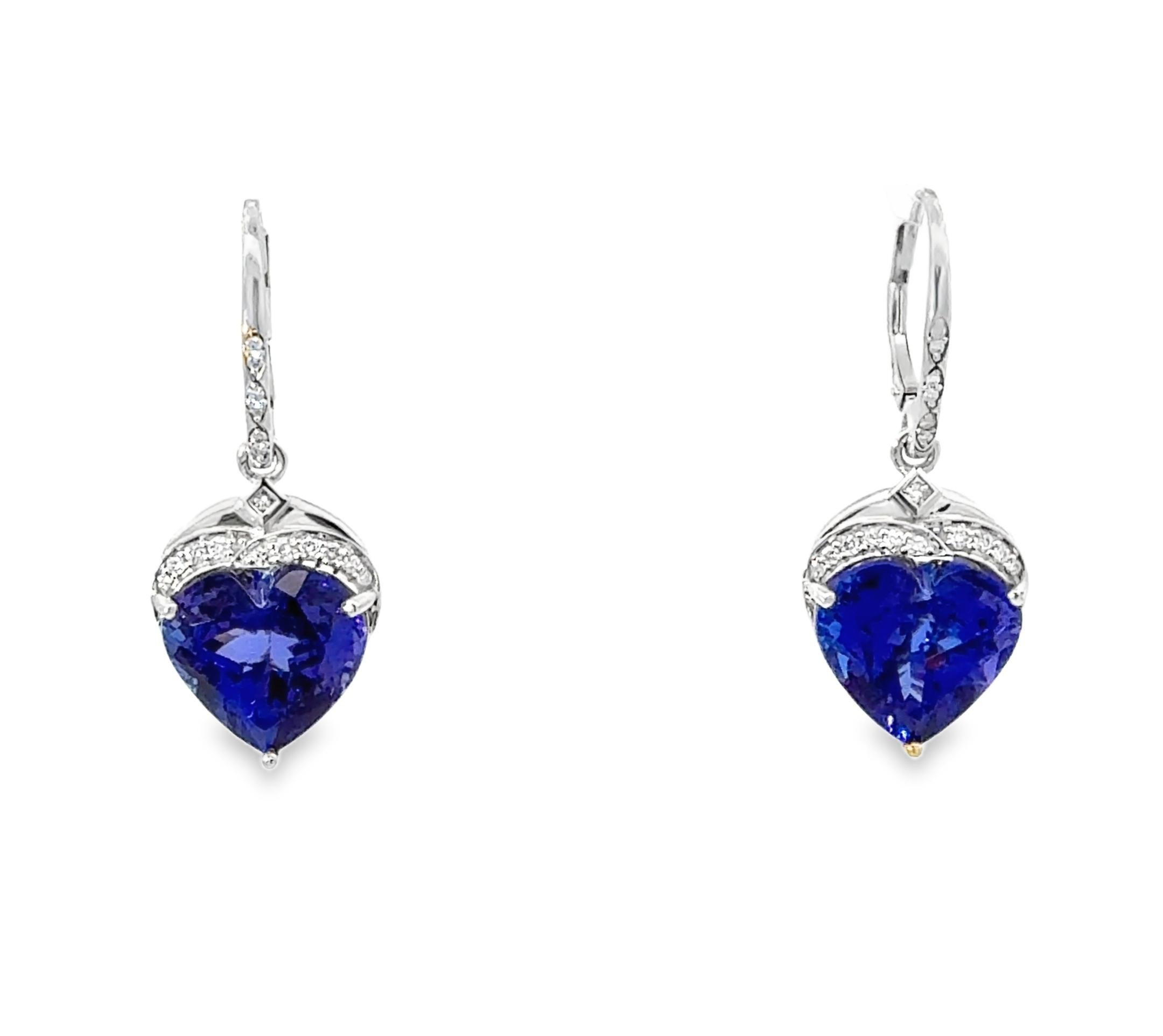 Heart Cut 21.28 Carat Heart-Shaped Tanzanite and Diamond Dangle Earrings For Sale