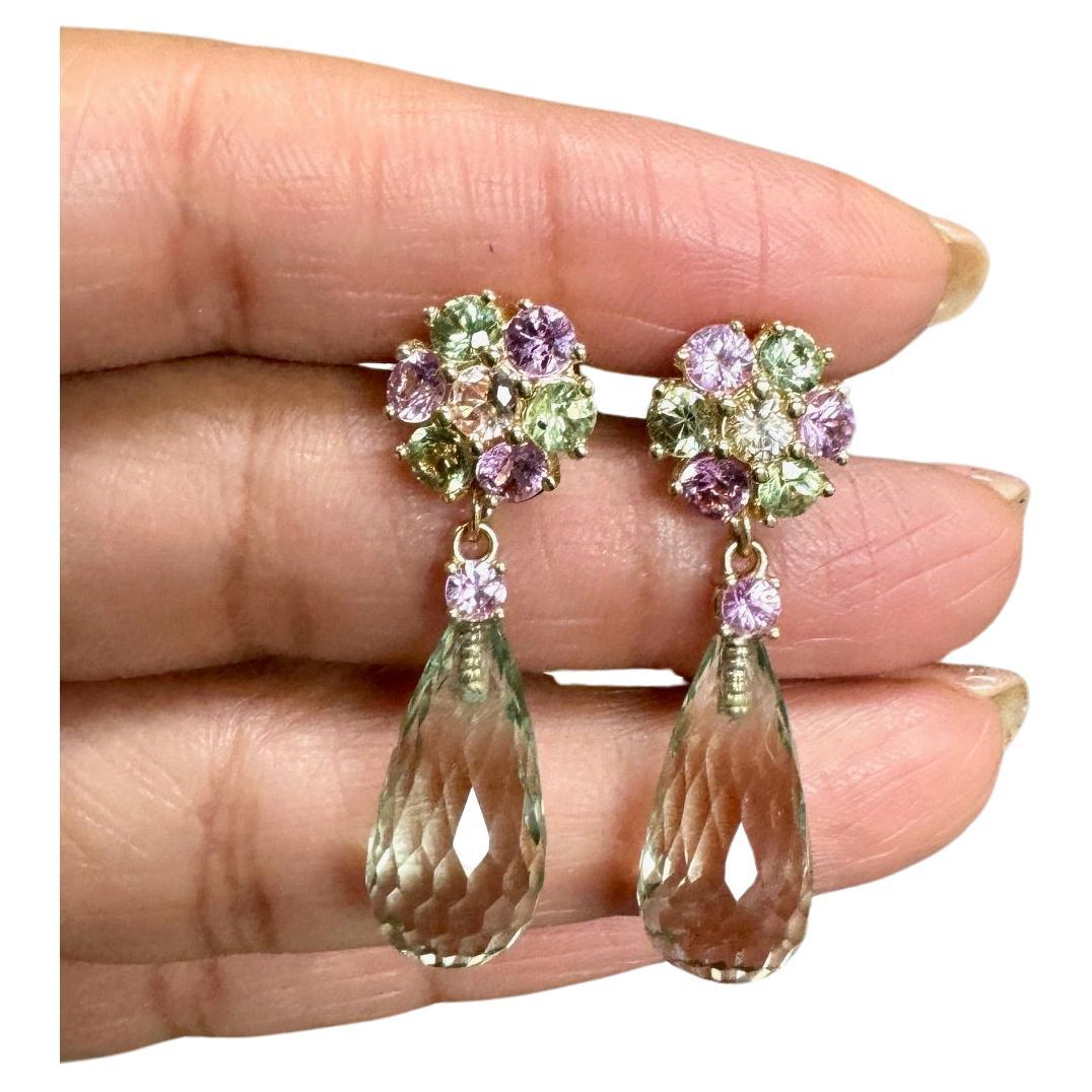21.29 Carat Multi-Color Sapphire Prasiolite Yellow Gold Drop Earrings In New Condition For Sale In Los Angeles, CA