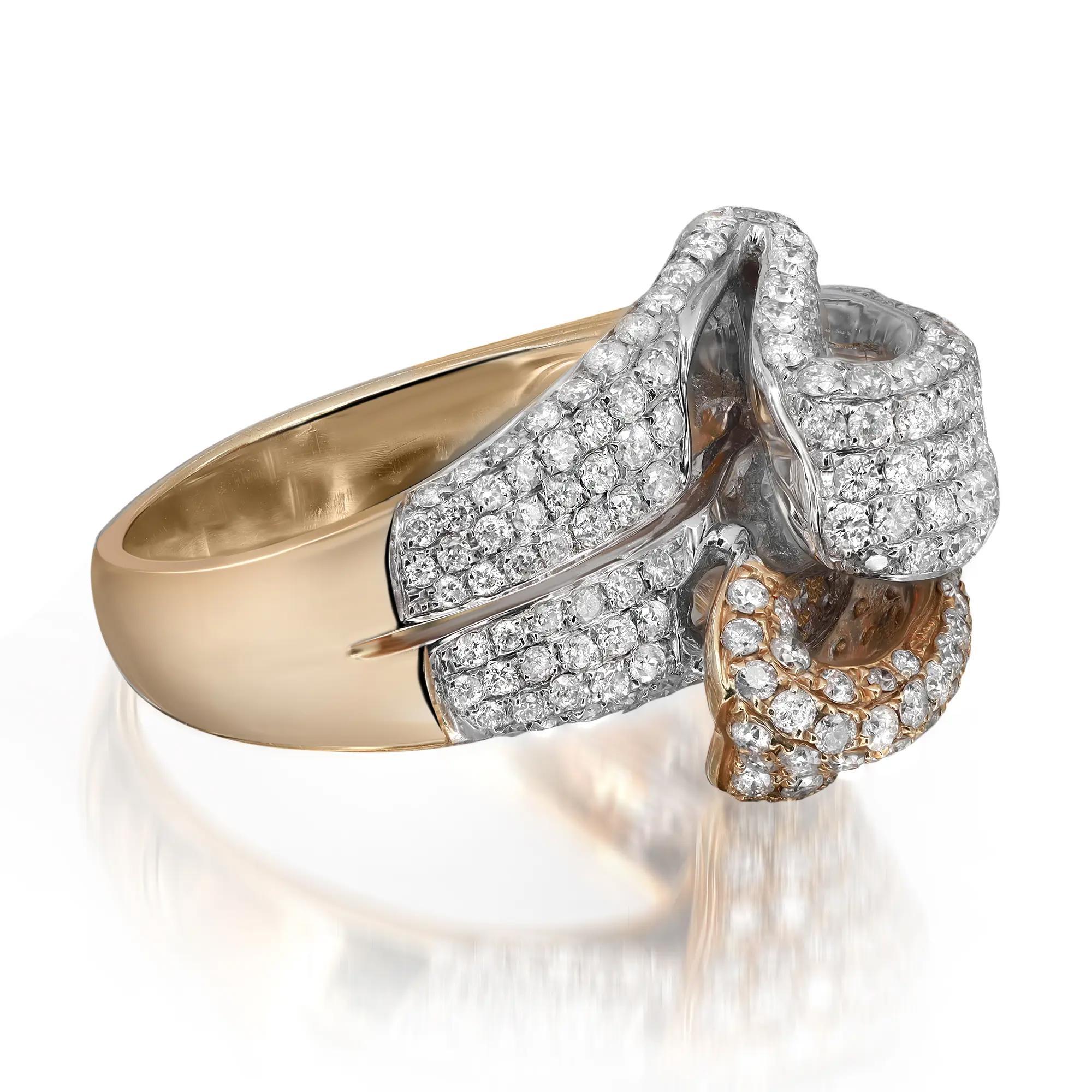 Dazzle away with this bold ladies cocktail ring. Crafted in 14k yellow and white gold. Showcasing pave set round brilliant cut diamonds weighing 2.12 carats. Diamond quality: I color and SI1 clarity. Ring size: 7.75. Total weight: 11.13 grams. This