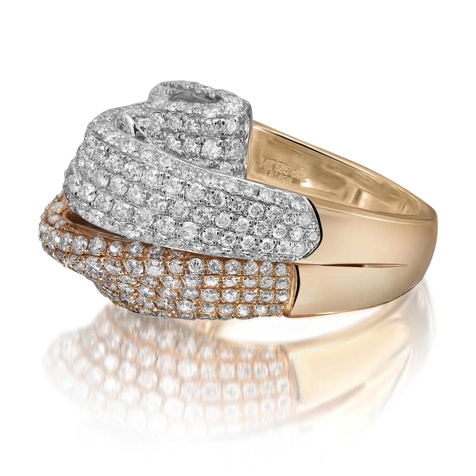 Round Cut 2.12Carat Two Tone Pave Set Round Diamond Ladies Cocktail Ring 14K Gold For Sale