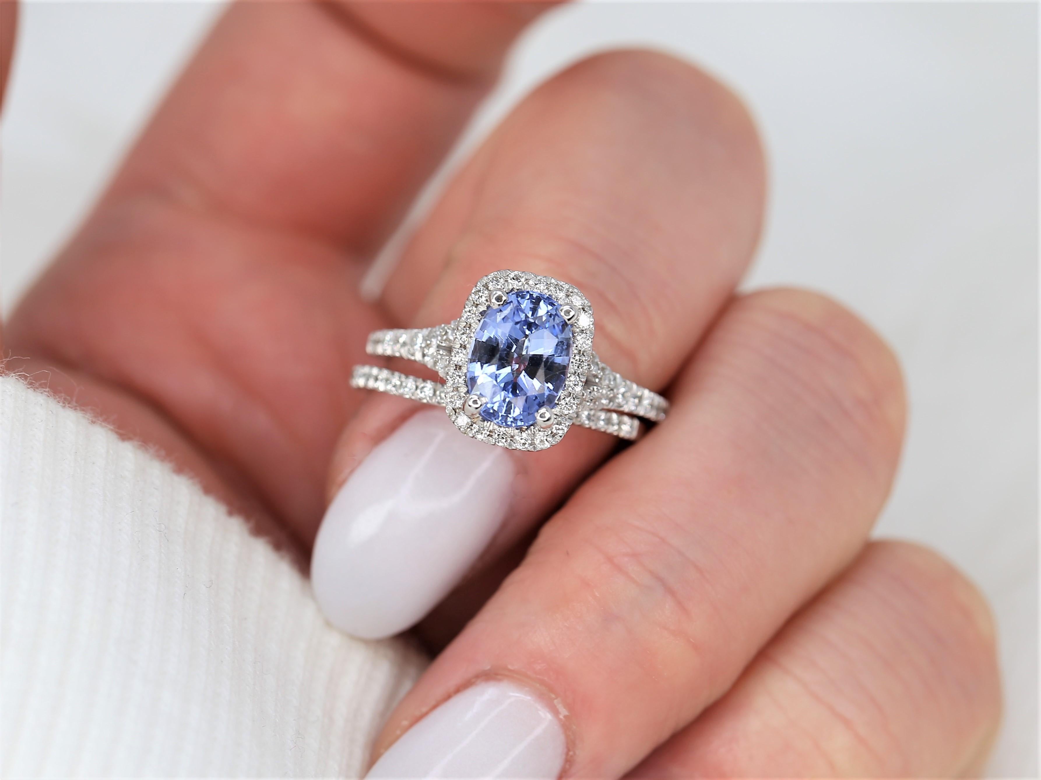2.12ct Avery 14kt Cornflower Blue Sapphire Diamond Split Shank Halo Bridal Set For Sale 2