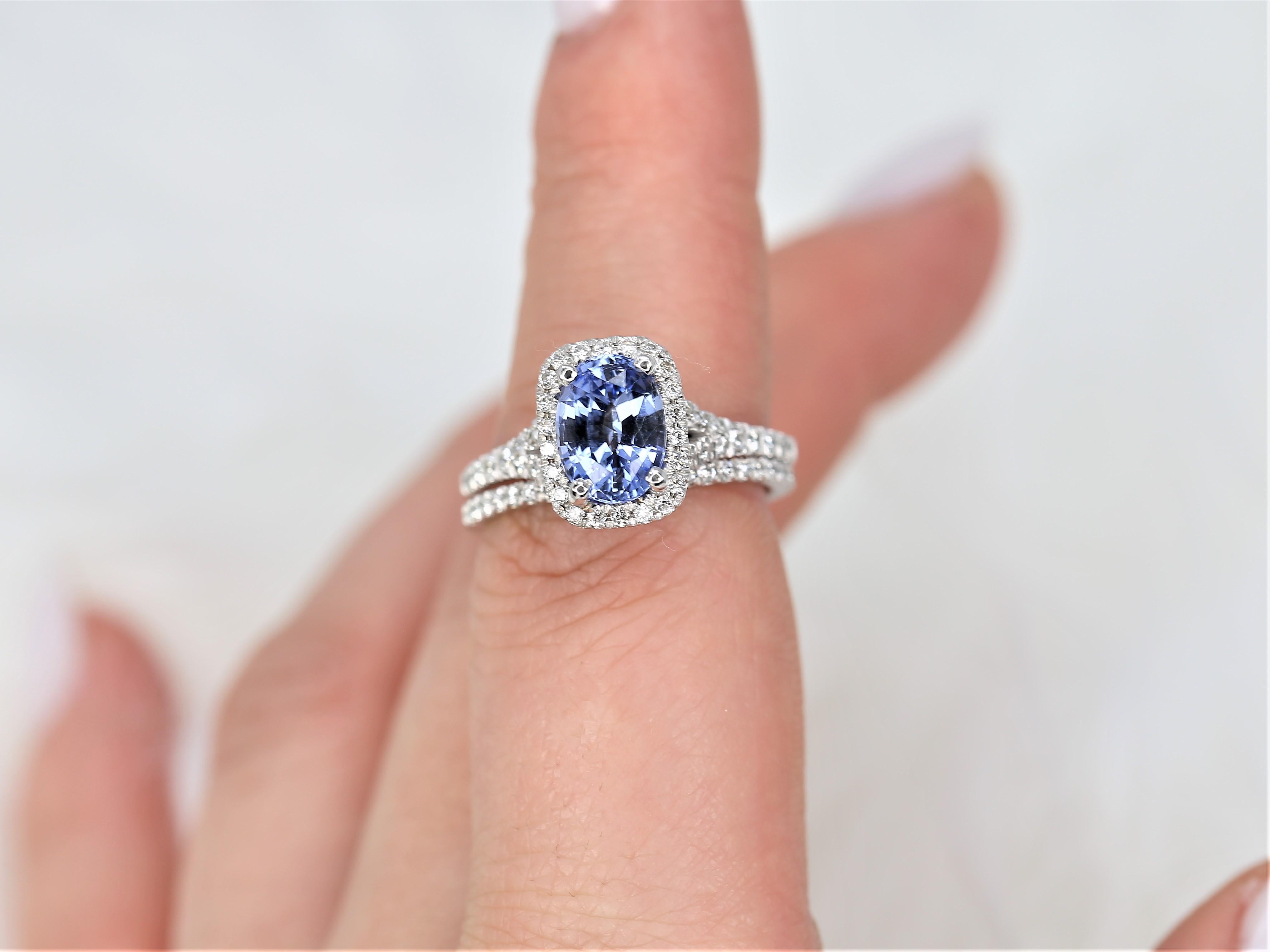 2.12ct Avery 14kt Cornflower Blue Sapphire Diamond Split Shank Halo Bridal Set For Sale 3