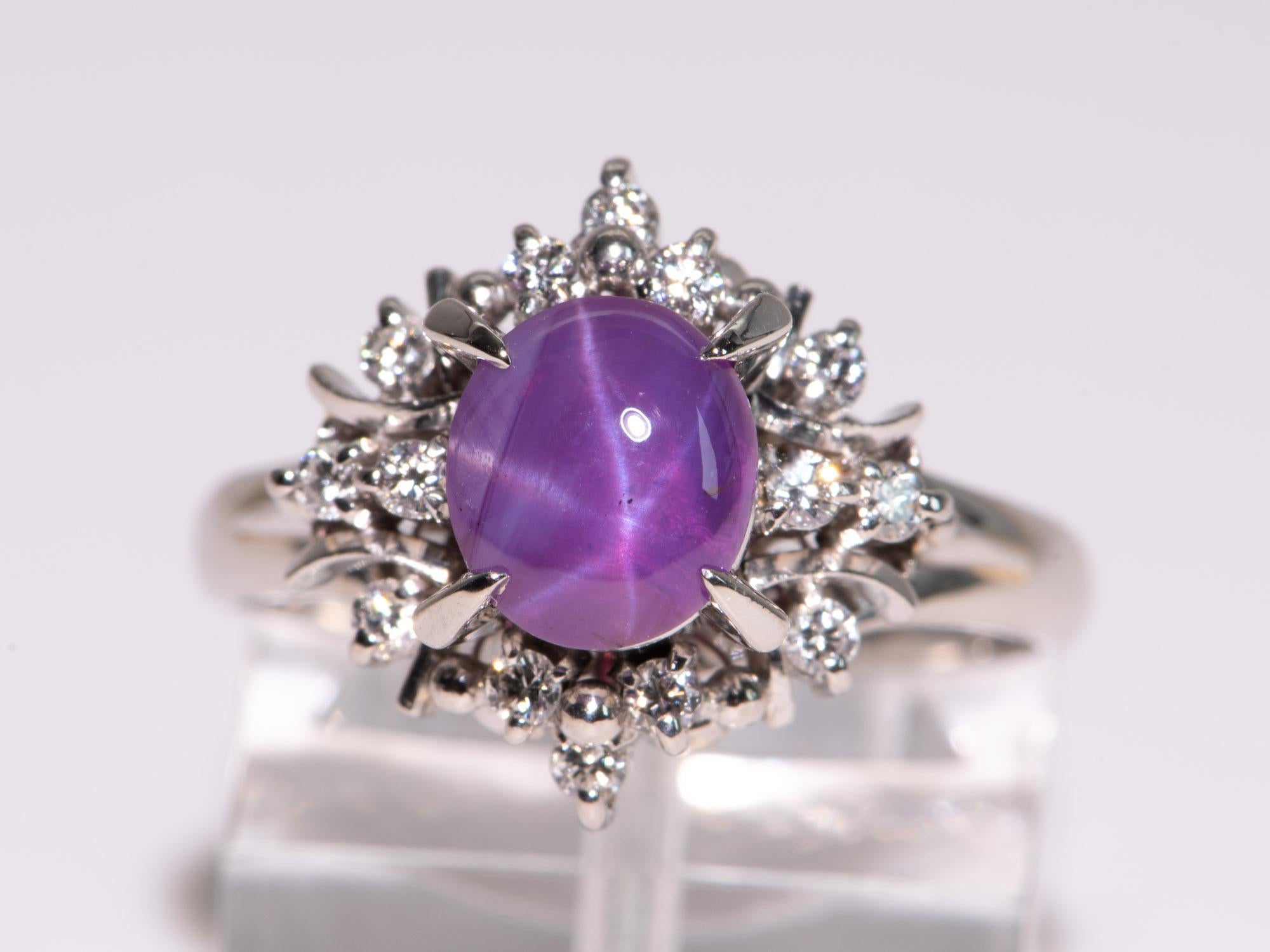 Cabochon 2.12ct Purple Star Sapphire Diamond Halo Ring Platinum R6721 For Sale