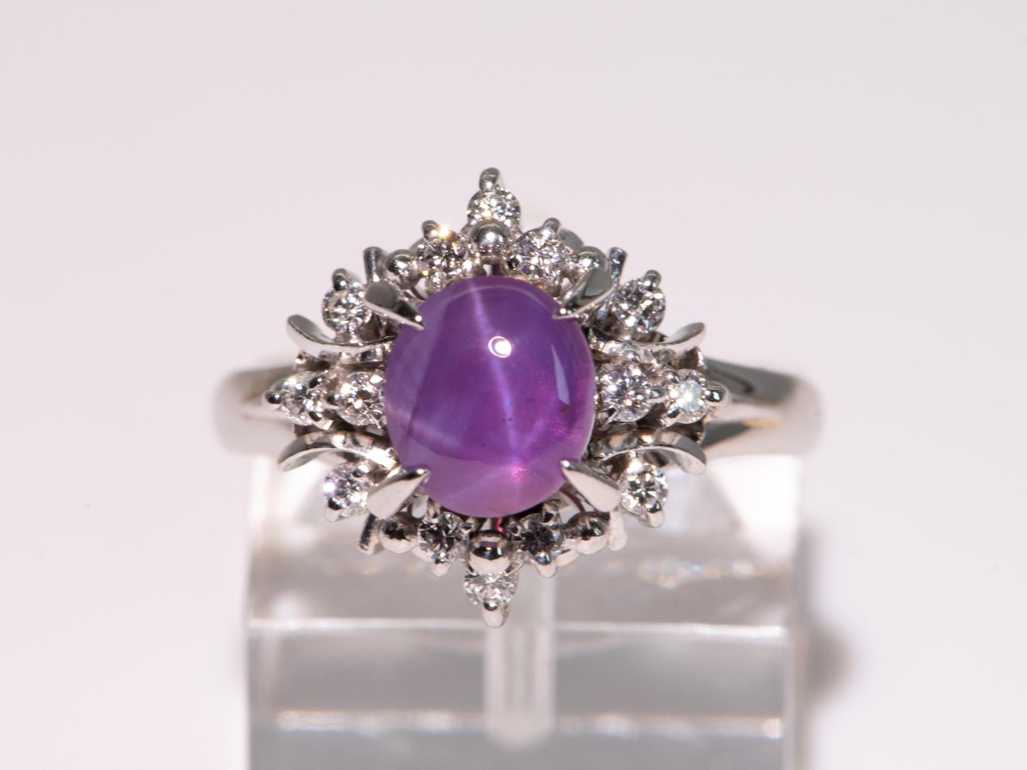 2.12ct Purple Star Sapphire Diamond Halo Ring Platinum R6721 In Excellent Condition For Sale In Osprey, FL