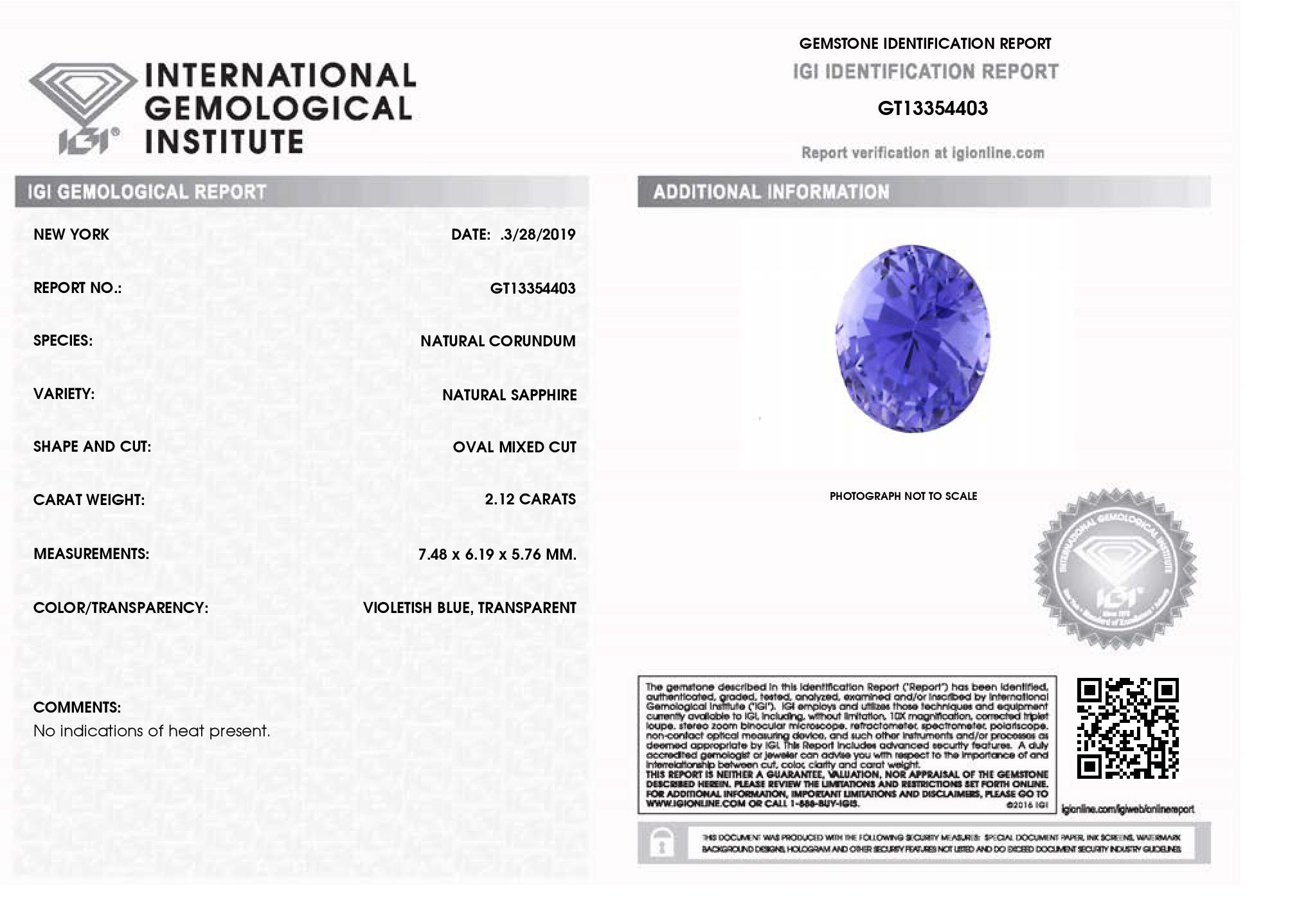 2.12ct Violet Blue Sapphire, Oval, IGI Certified Unheated In New Condition For Sale In Toronto, Ontario