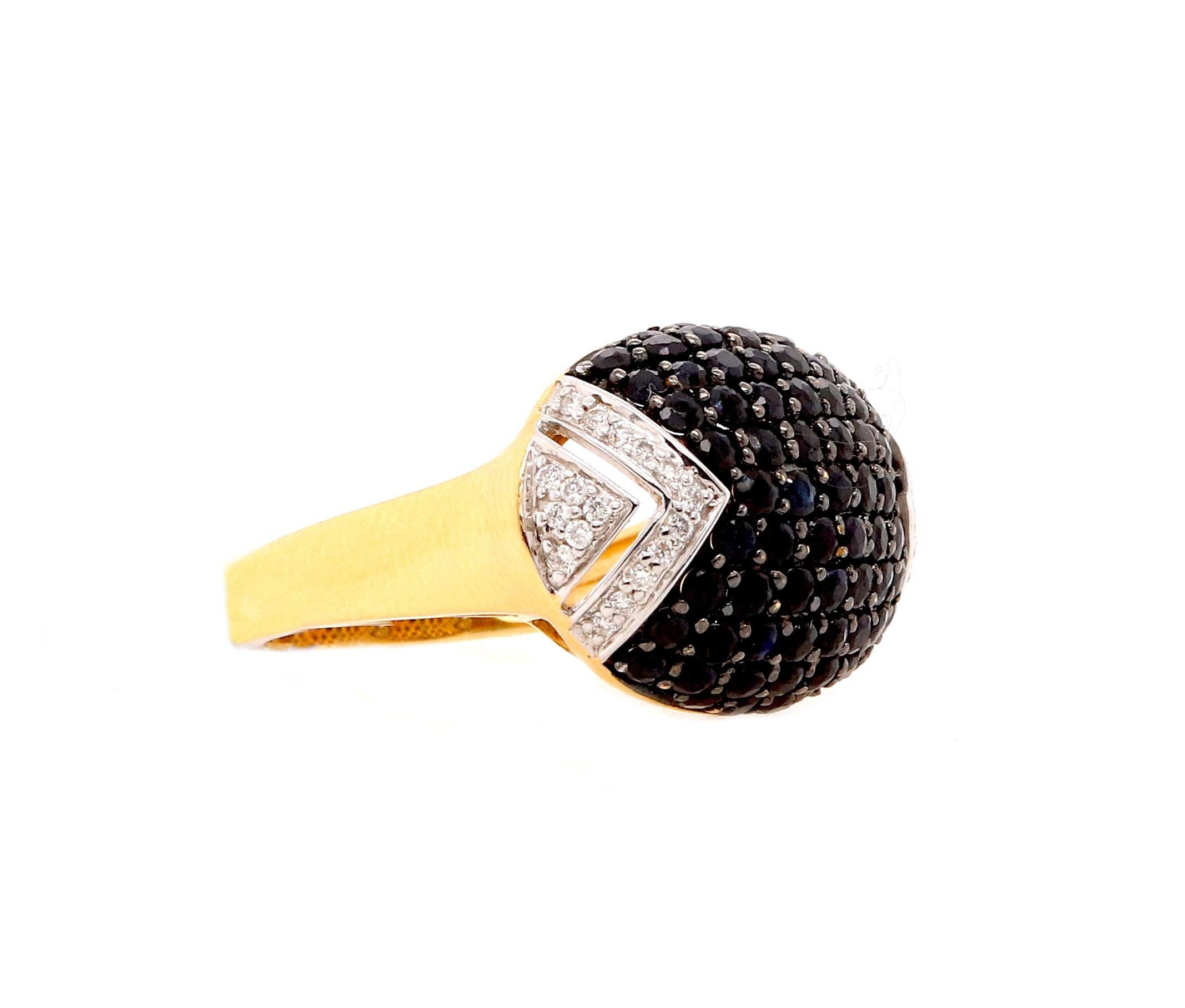 Material: 18k Two Tone Gold 
Stone Details: Round Blue Sapphires at 2.13 Carats
Diamond Details: Round White Diamonds at Approximately 0.16 Carats - Clarity: SI / Color: H-I
Ring Size: 6.75 (Can be sized)

Matching Pendant: 2.9 Carat Sapphire and