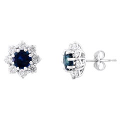 2.13 Carat Brilliant Cut Blue Sapphire Diamond Stud Earrings in 14K White Gold