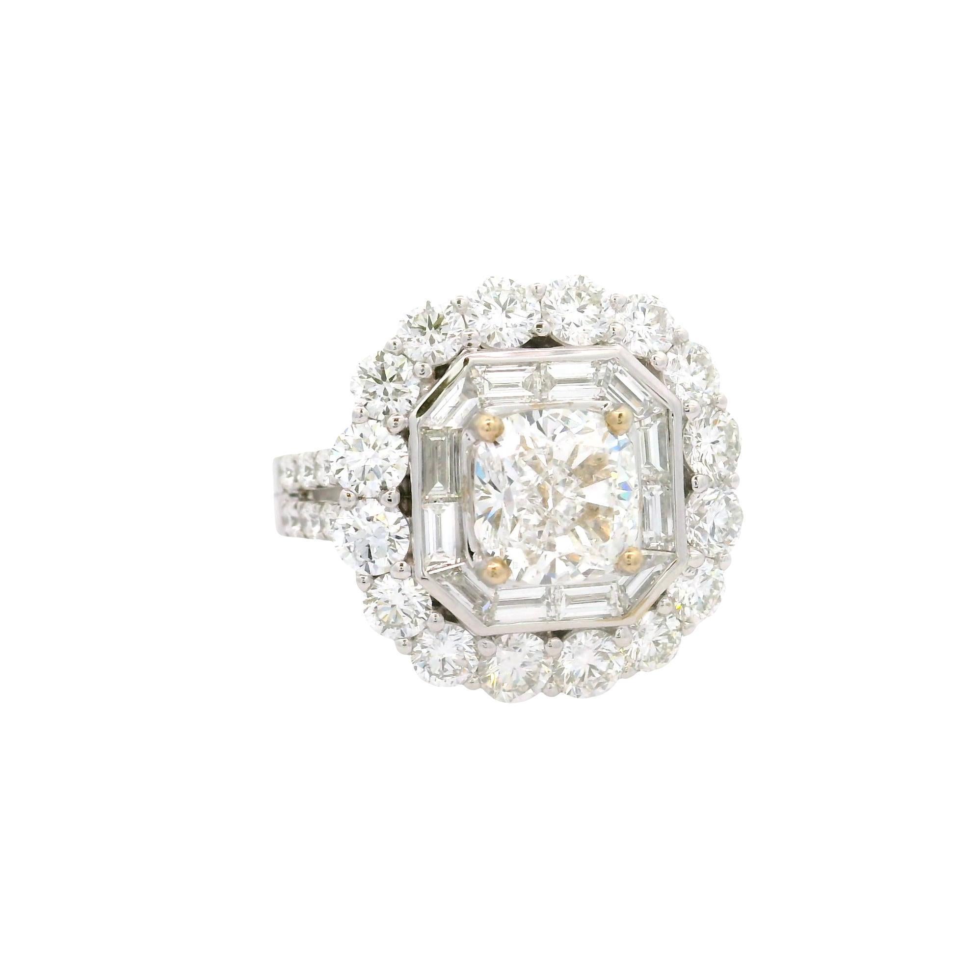 Contemporary 2.13 Carat Cushion-cut Diamond Double Halo 18K White Gold Engagement Ring, GIA For Sale