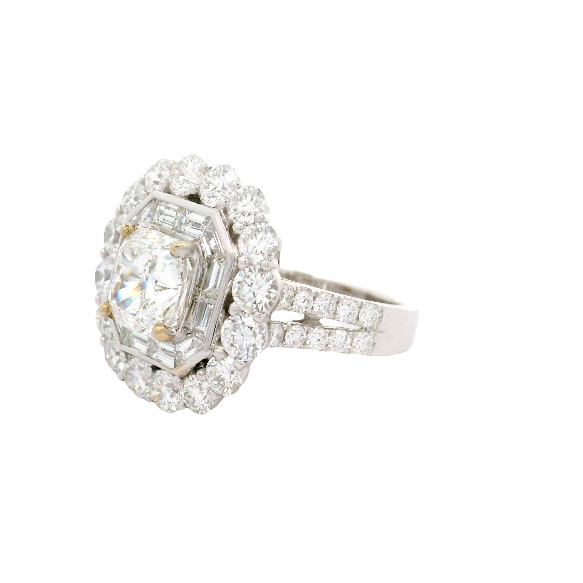 2.13 Carat Cushion-cut Diamond Double Halo 18K White Gold Engagement Ring, GIA In Excellent Condition For Sale In Beverly Hills, CA