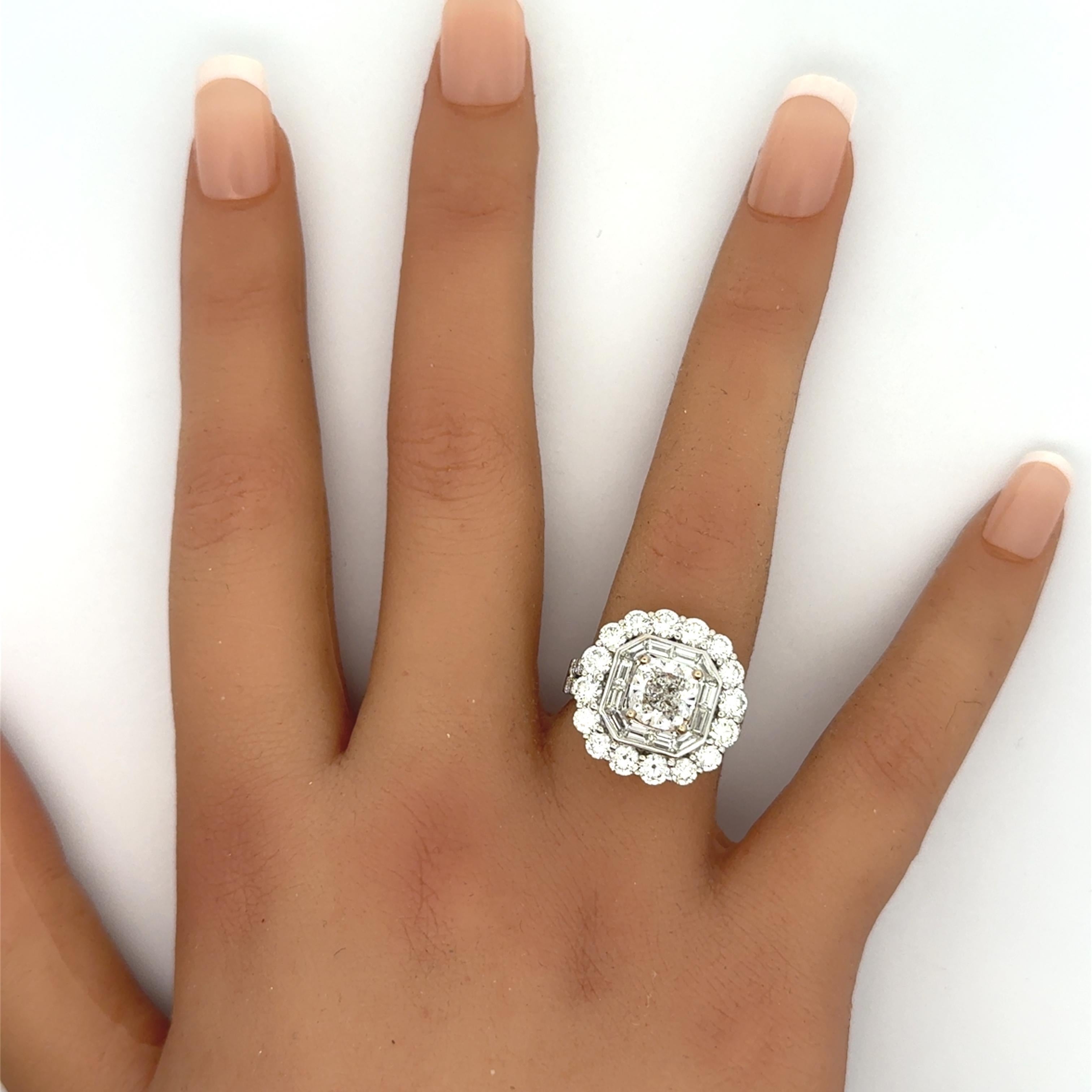 Women's 2.13 Carat Cushion-cut Diamond Double Halo 18K White Gold Engagement Ring, GIA For Sale