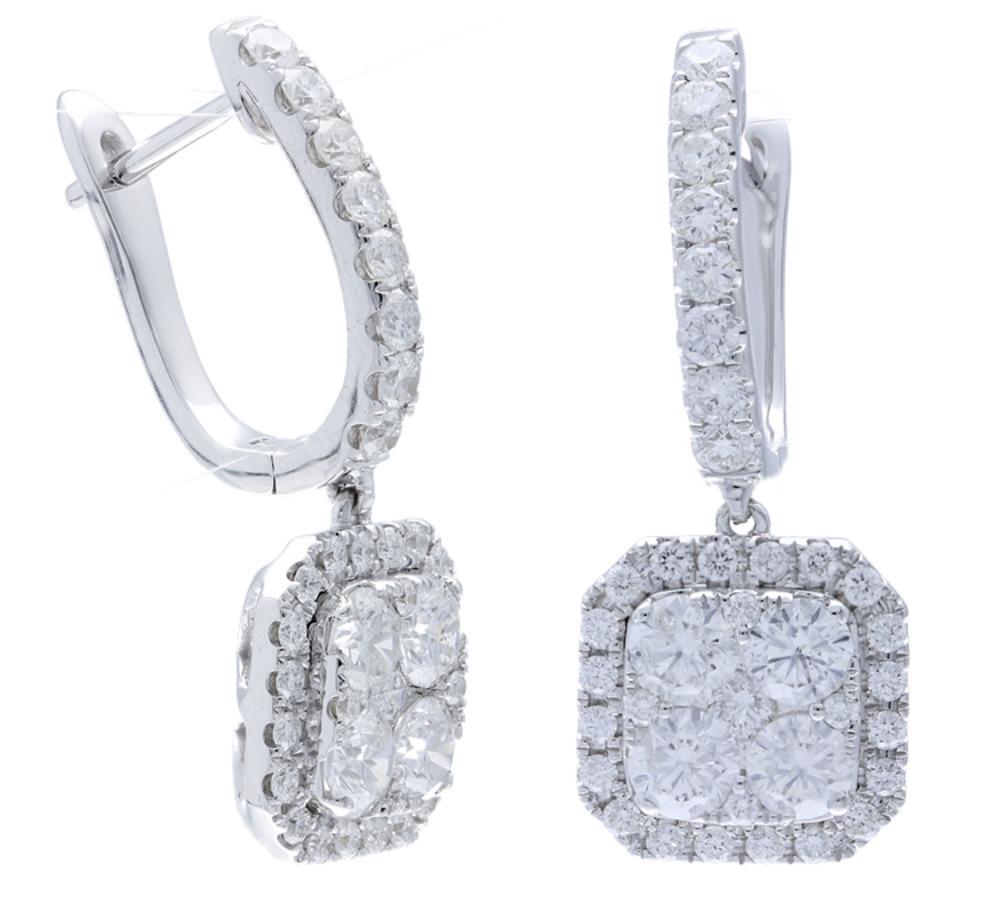 The Diamond Cushion Shape Earrings are set with 8	Round diamonds weighing 1.29 Carat, 18 round diamonds weighing 0.49 carat, and a halo of 48 round diamond weighing 0.35 carat.
Totally the diamond Lever-back earrings weight 2.13 Carat and are set