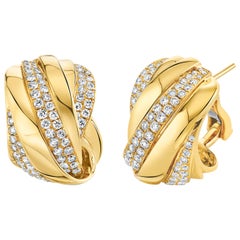 Diamond Swirl French Clip Hoop Earrings in 18K Yellow Gold, 2.13 Carats Total