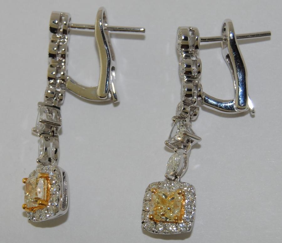 Contemporary 2.13 Carat Fancy Yellow Diamond Earrings, 18 Karat White Gold For Sale