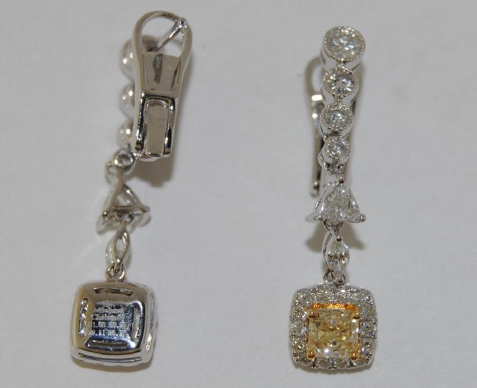 Cushion Cut 2.13 Carat Fancy Yellow Diamond Earrings, 18 Karat White Gold For Sale