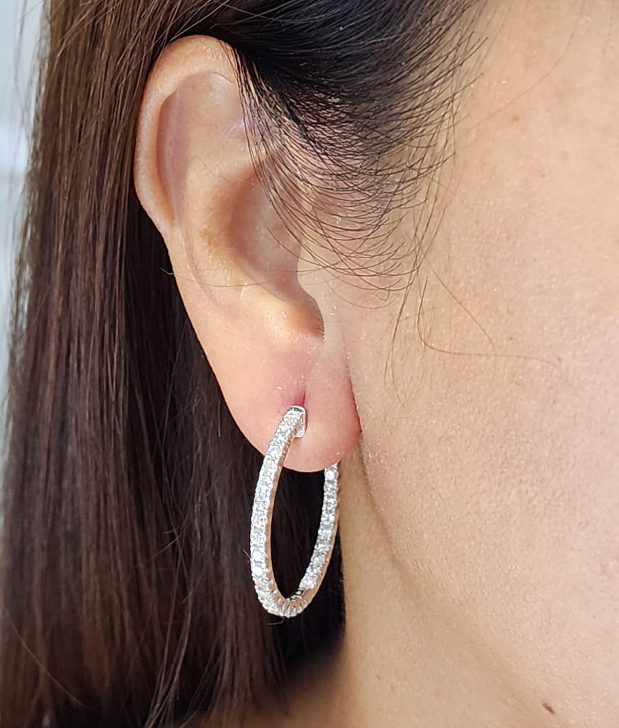 Round Cut 2.13 Carat Diamond Hoop Earrings in 18 Karat White Gold For Sale
