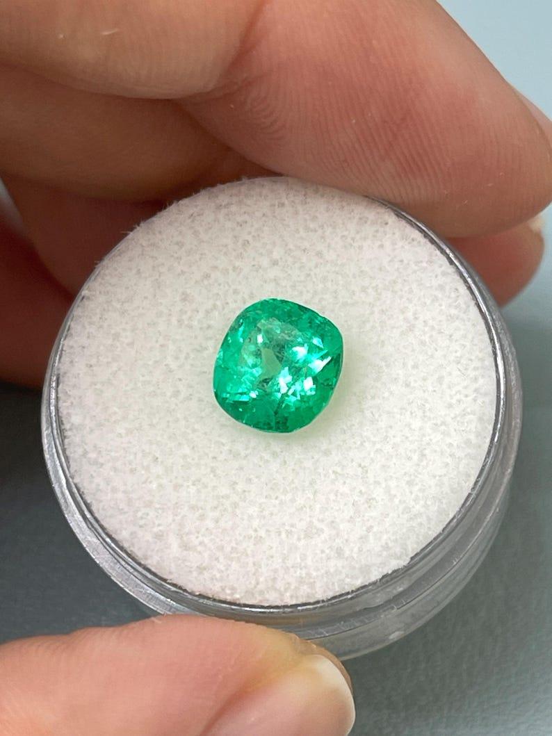 2.13 Carat Electric Muzo Green Colombian Emerald - 8x7.5 Cushion Cut May For Sale 1
