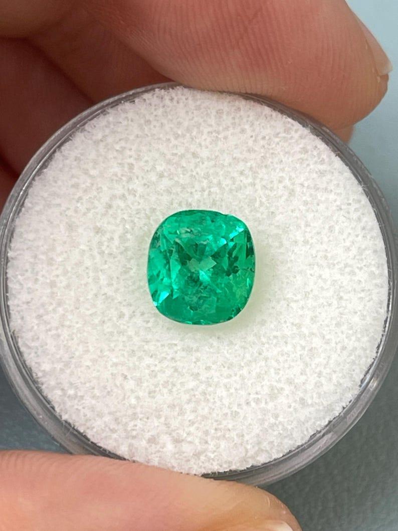 Modern 2.13 Carat Electric Muzo Green Colombian Emerald - 8x7.5 Cushion Cut May For Sale