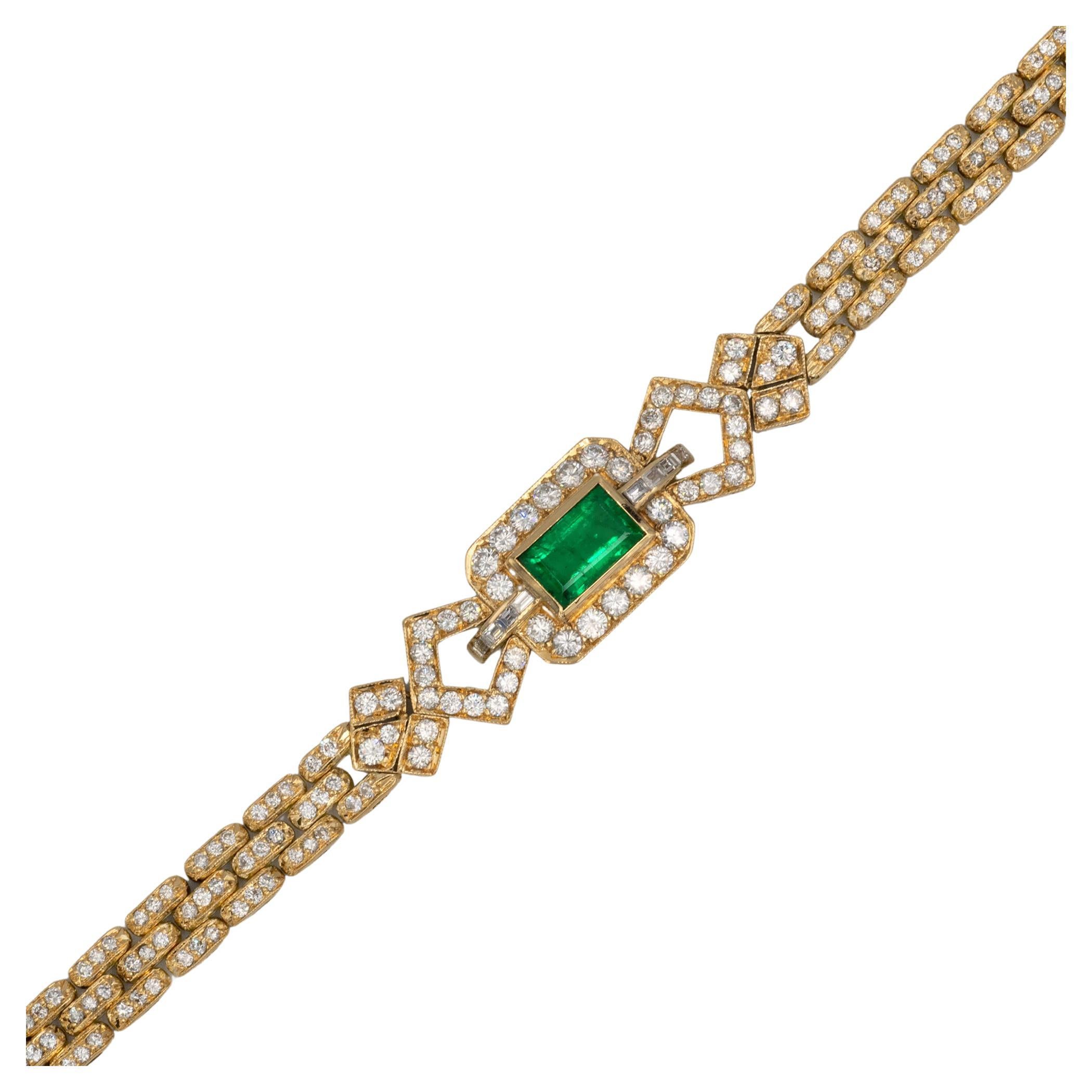 Certified 2.13 Carat Emerald and Diamond 18 Kt Gold Bracelet For Sale