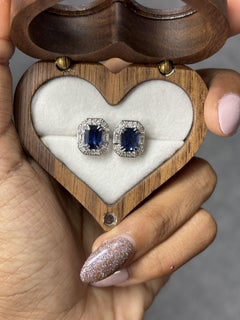 2.13 Carat Emerald-cut Sapphire & Halo Diamonds Stud Earrings in 18K White Gold