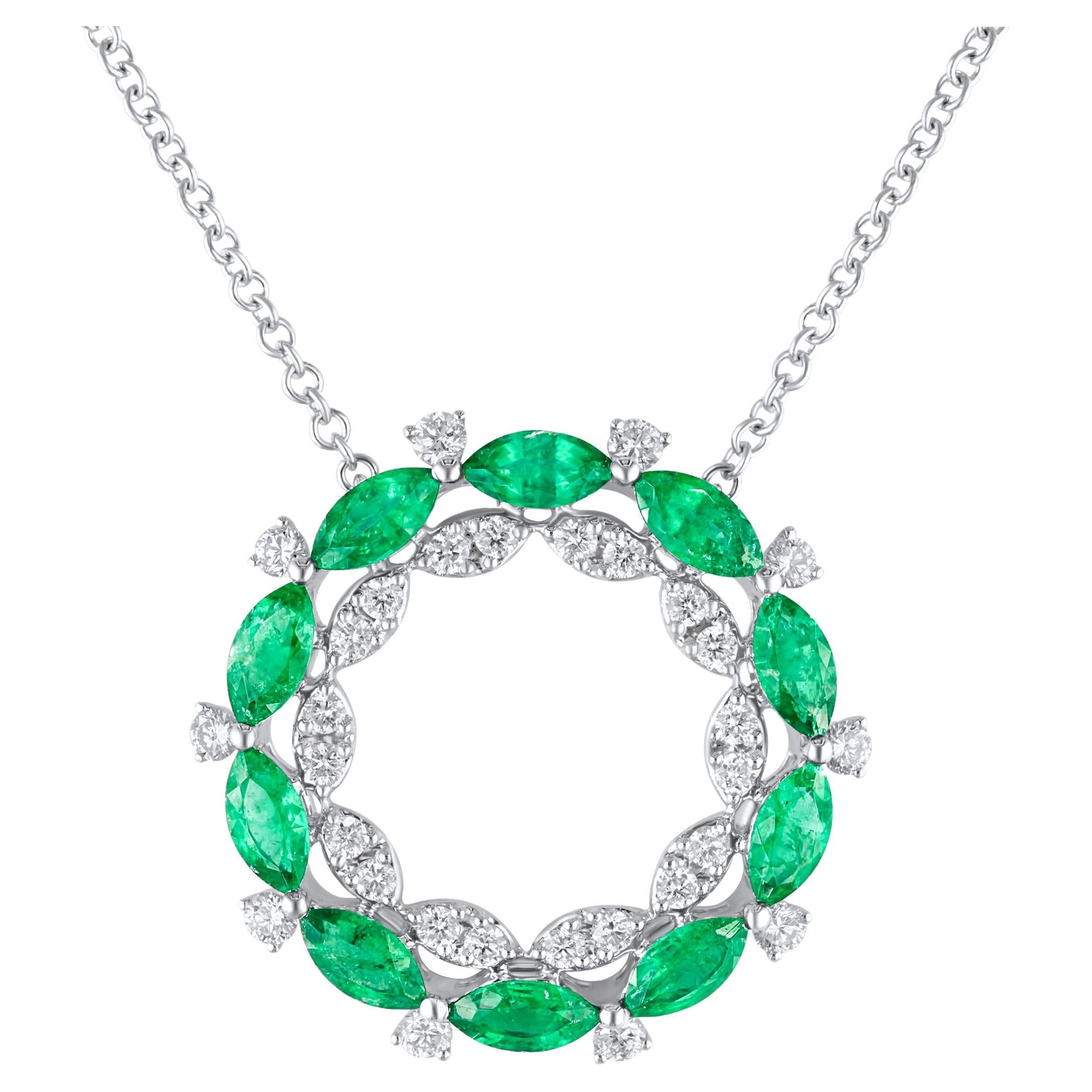 2.13 Carat Marquise Cut Emerald and Diamond Circle Pendant in 18k White ref2267 For Sale