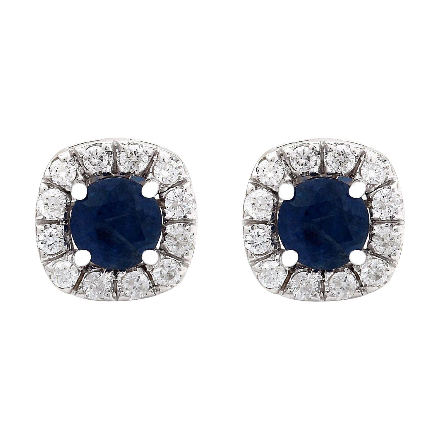 Natural Sapphire Diamond Earrings In 14 Karat Solid White Gold  For Sale