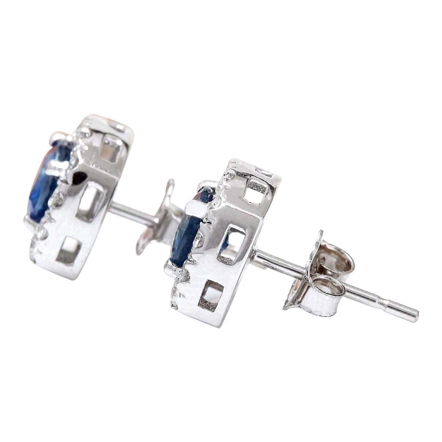 Round Cut Natural Sapphire Diamond Earrings In 14 Karat Solid White Gold  For Sale