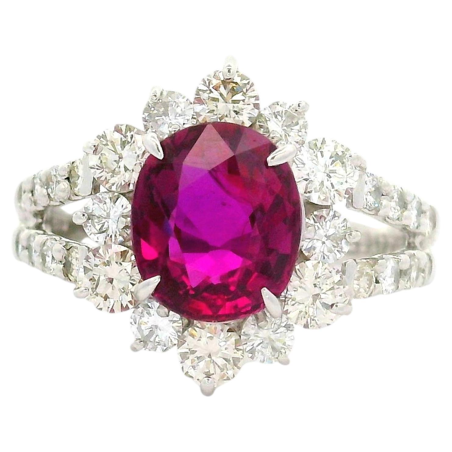2.13 Carat No-Heat Ruby Diamond Platinum Halo Ring, GIA Certified