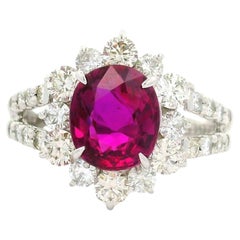 2.13 Carat No-Heat Ruby Diamond Platinum Halo Ring, GIA Certified