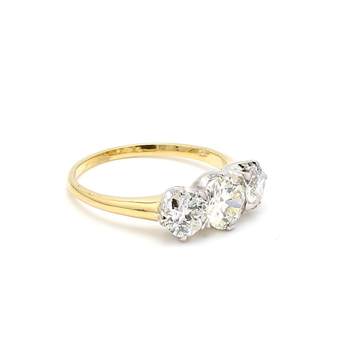 2.13 Carat Old European Cut Diamond 18K Two Tone Gold/Platinum Three-Stone Ring In New Condition For Sale In New York, NY