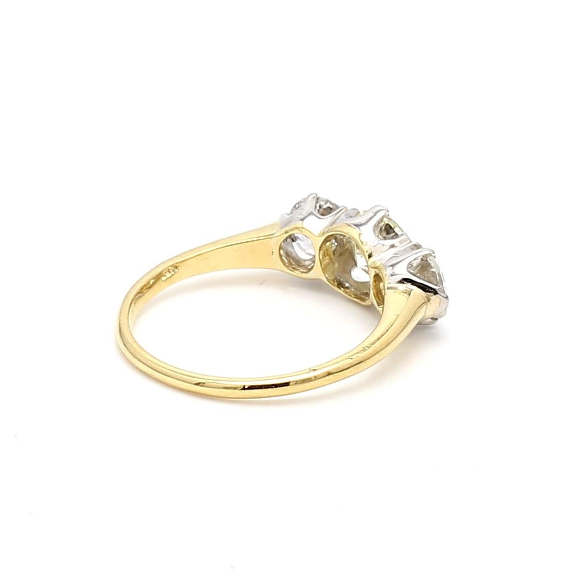 2.13 Carat Old European Cut Diamond 18K Two Tone Gold/Platinum Three-Stone Ring For Sale 1
