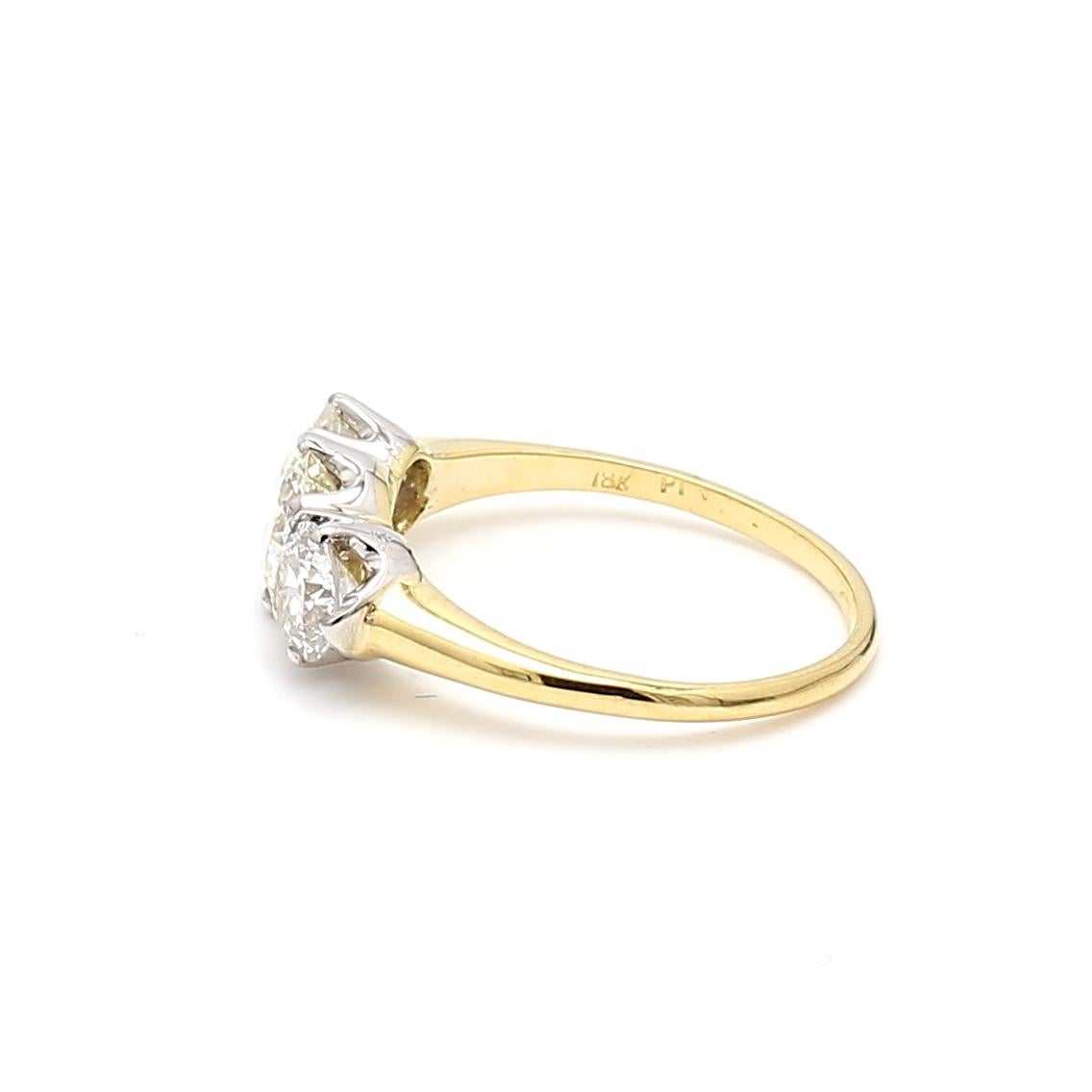 2.13 Carat Old European Cut Diamond 18K Two Tone Gold/Platinum Three-Stone Ring For Sale 3