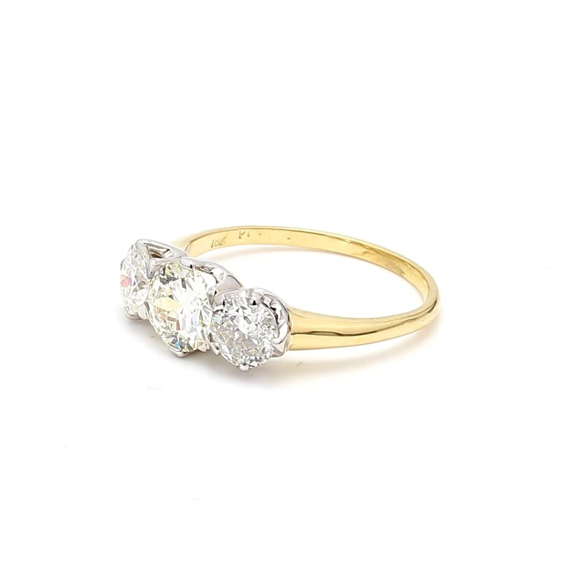 2.13 Carat Old European Cut Diamond 18K Two Tone Gold/Platinum Three-Stone Ring For Sale 4