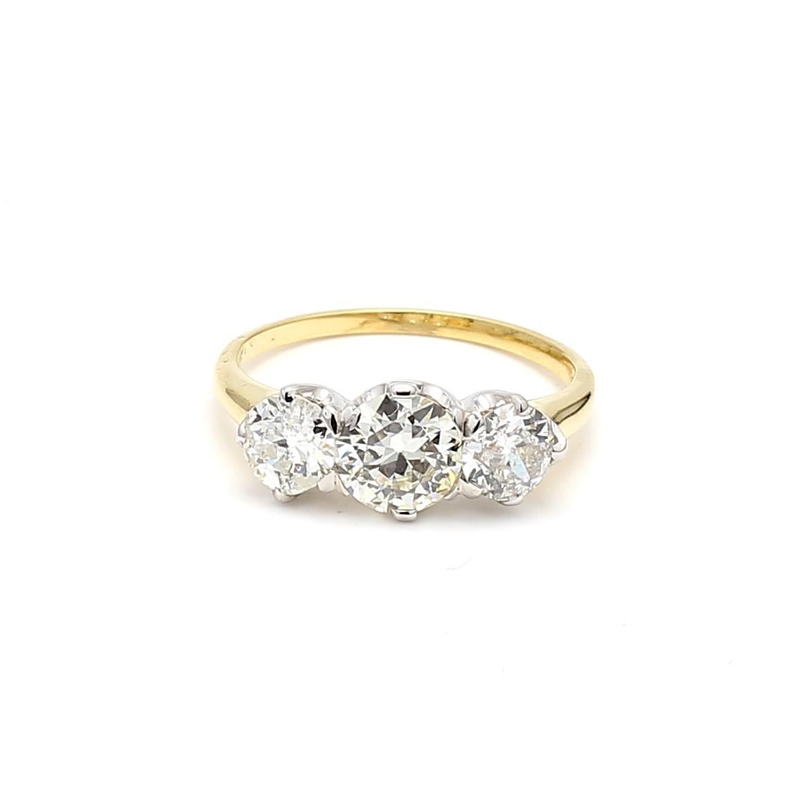 2.13 Carat Old European Cut Diamond 18K Two Tone Gold/Platinum Three-Stone Ring For Sale 5