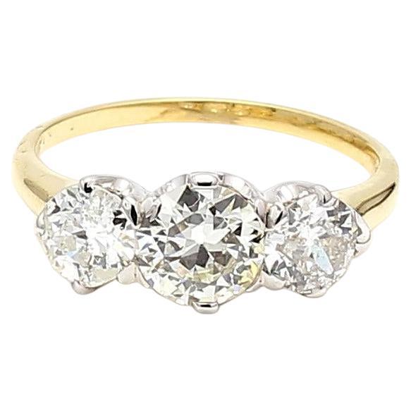 2.13 Carat Old European Cut Diamond 18K Two Tone Gold/Platinum Three-Stone Ring For Sale
