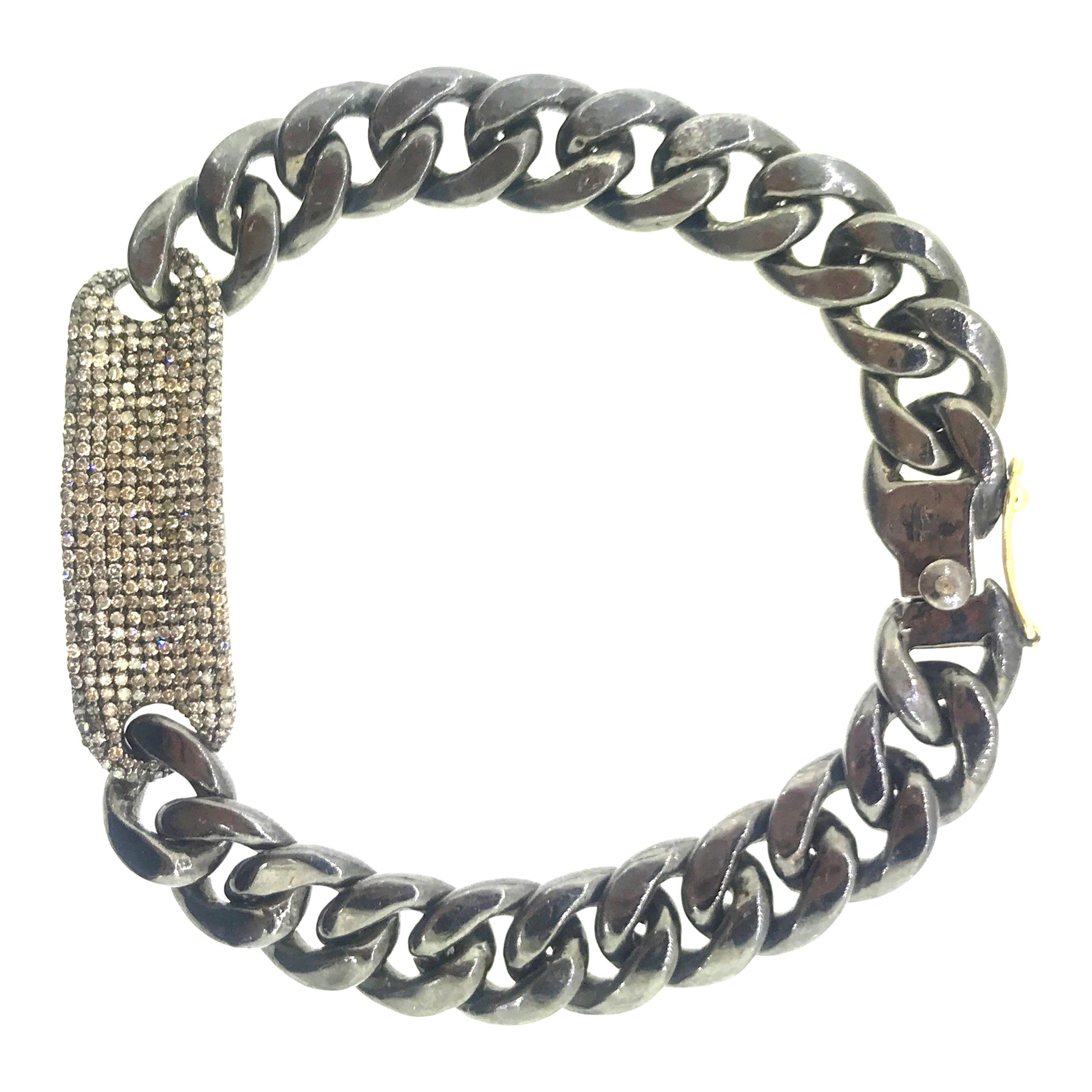 2.13 Carat Pave Diamond ID Bracelet Oxidized Sterling Silver, 14 Karat Gold For Sale
