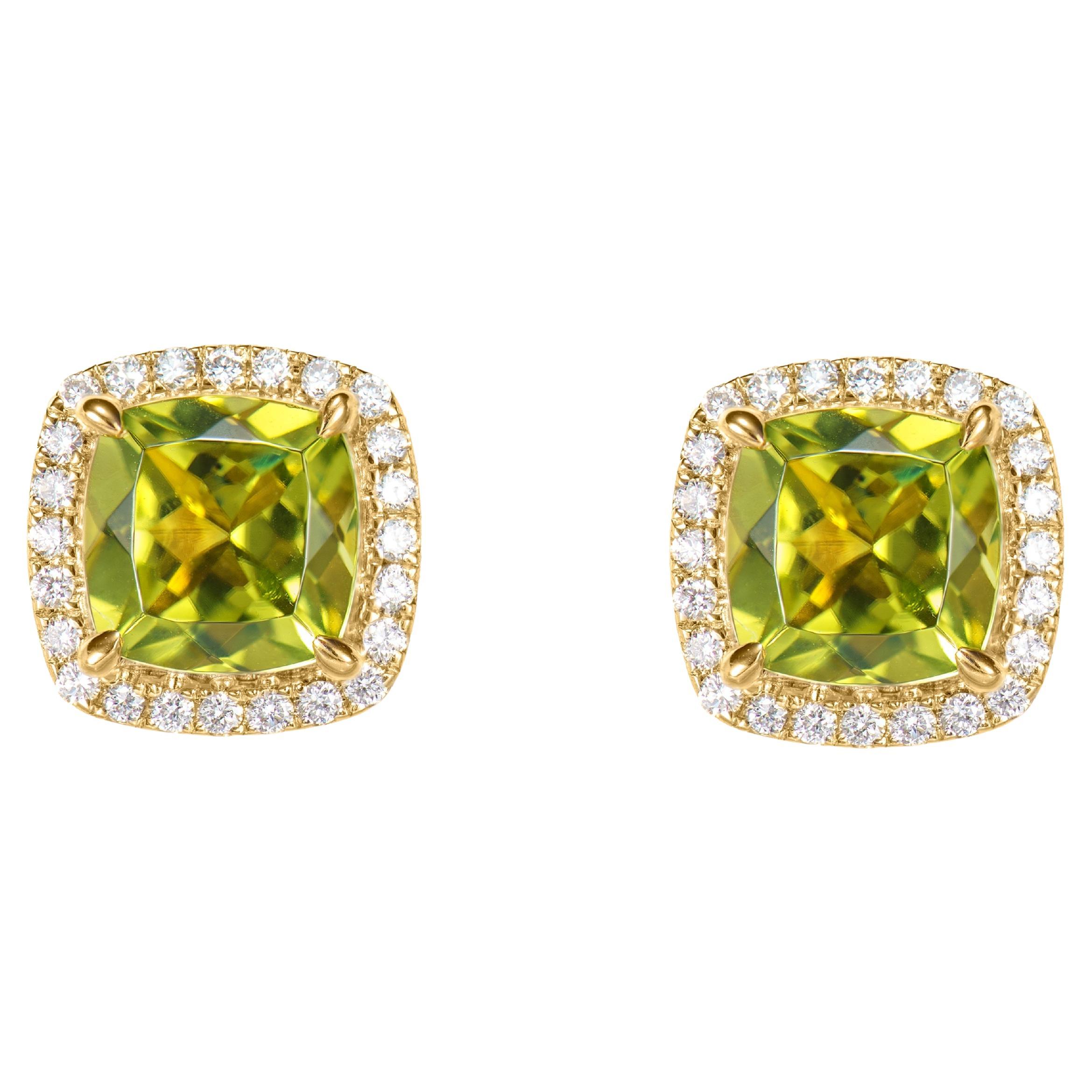 2.13 carat Peridot stud Earrings in 18Karat Yellow Gold with White Diamond.