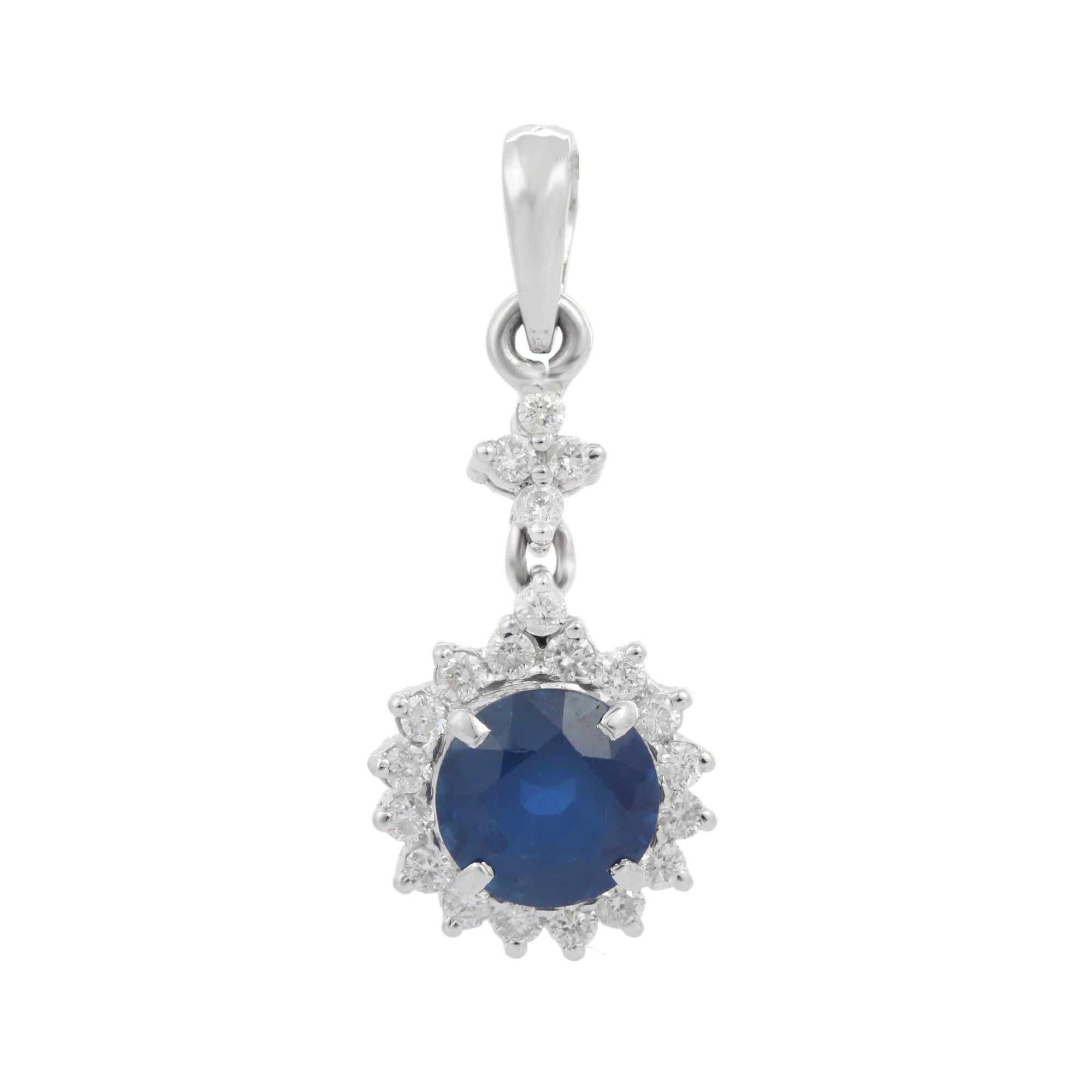 Modern 2.13 Carat Royal Blue Sapphire and Diamond Pendant in 18K White Gold For Sale