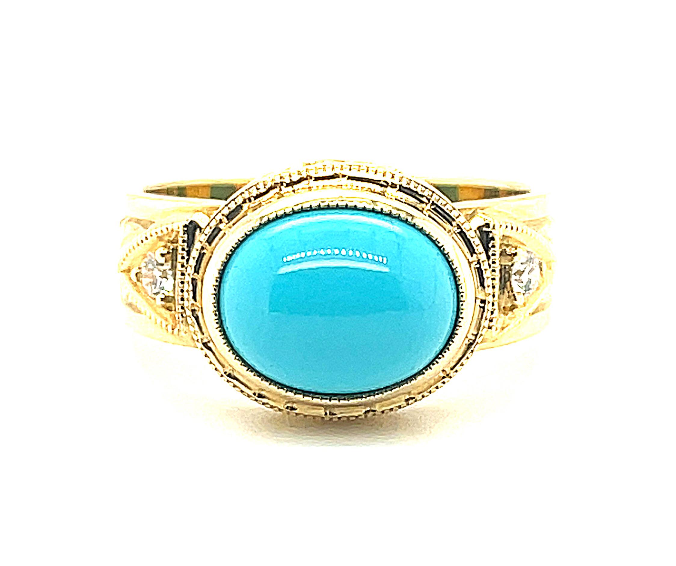 This handsome 18k yellow gold band ring features a gorgeous 2.13 carat oval turquoise cabochon from the famous Sleeping Beauty Mine! The Sleeping Beauty Mine in Arizona is one of the most important sources of fine turquoise in the world but has been