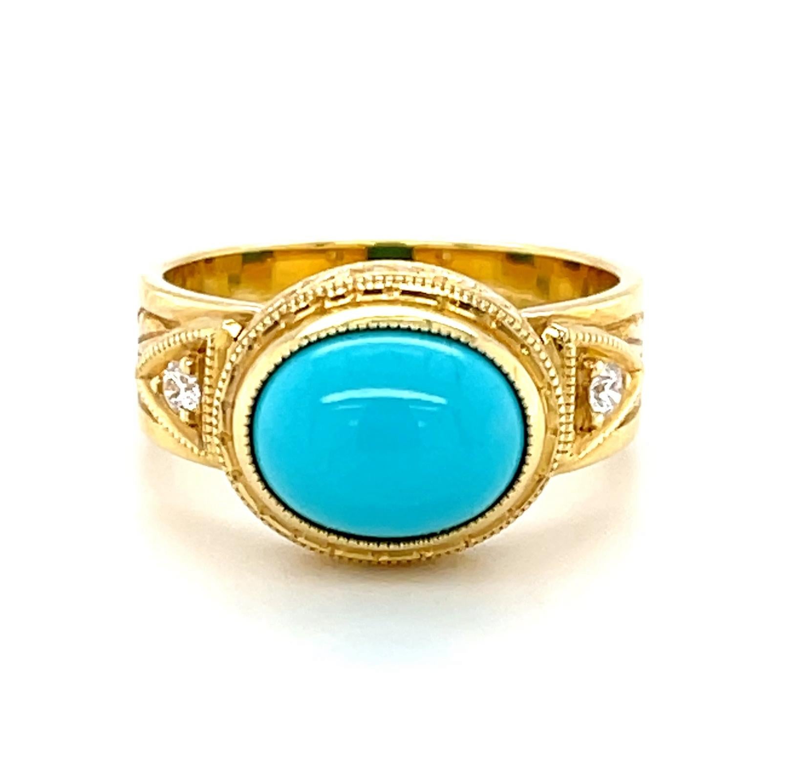 This handsome 18k yellow gold band ring features a gorgeous 2.13 carat oval turquoise cabochon from the famous Sleeping Beauty Mine! The Sleeping Beauty Mine in Arizona is one of the most important sources of fine turquoise in the world but has been