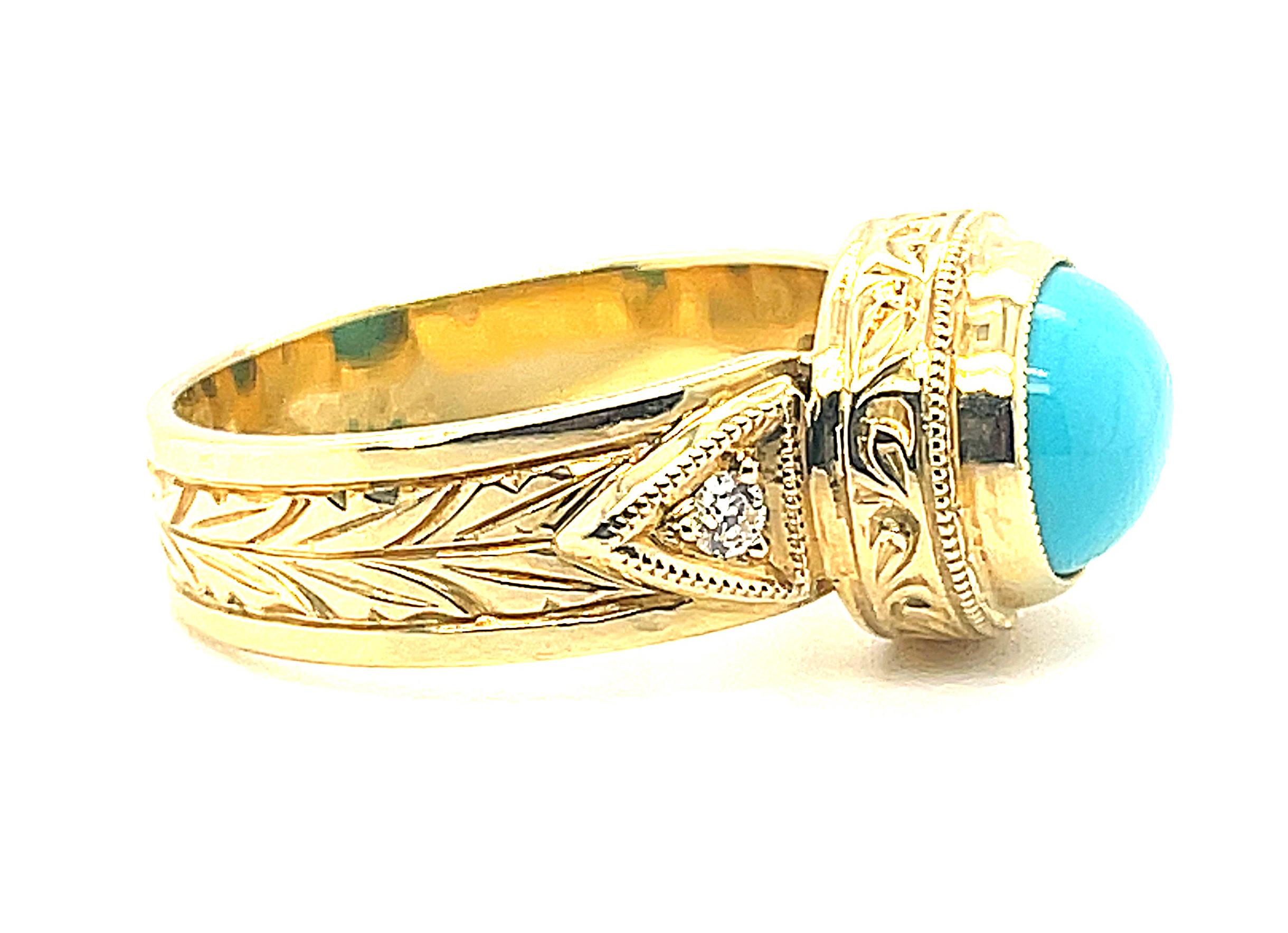 Cabochon 2.13 Carat Sleeping Beauty Turquiose and Diamond Band Ring in 18k Yellow Gold For Sale