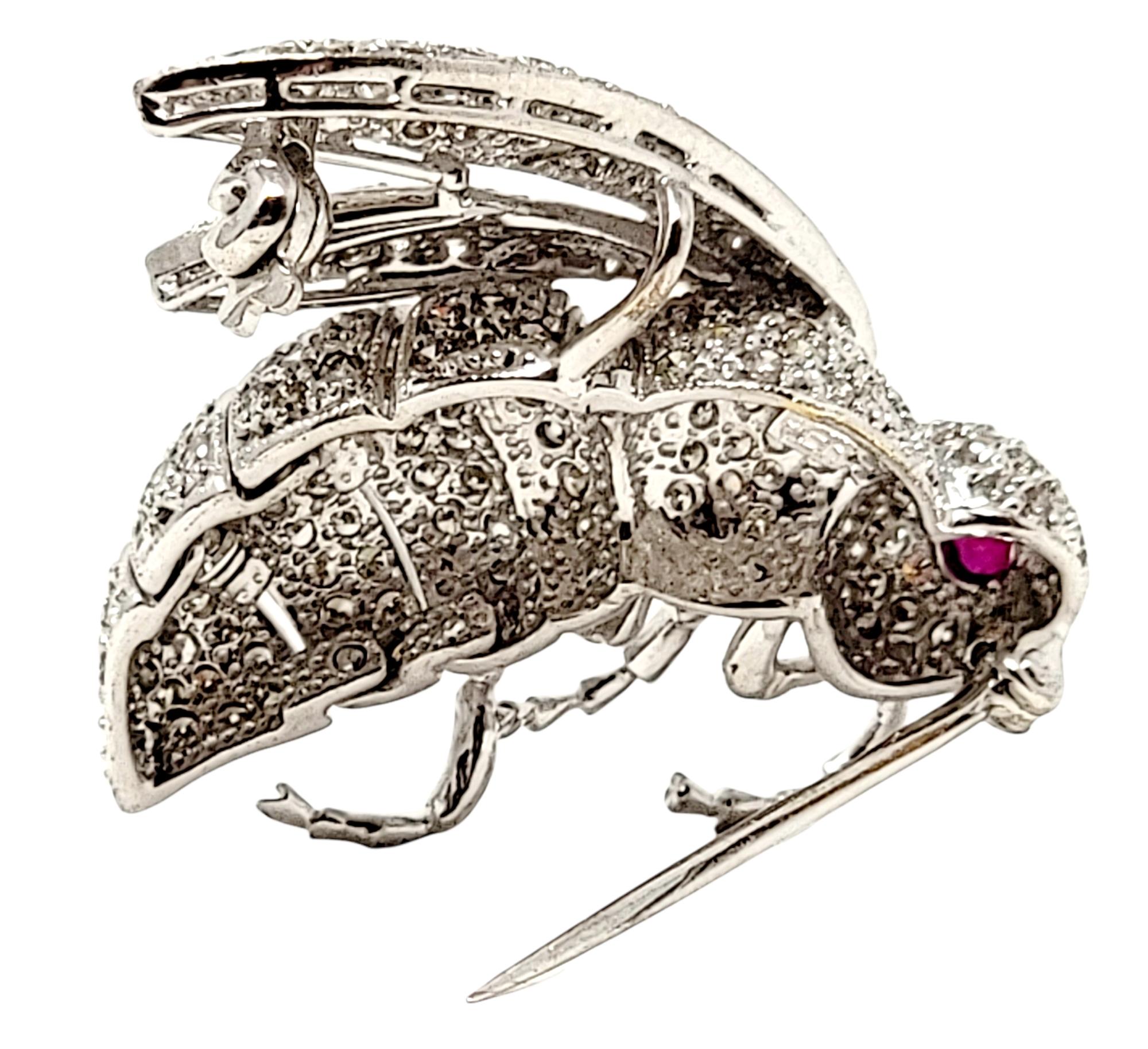 2.13 Carat Total Pave Diamond and Ruby Insect Bee Brooch 18 Karat White Gold For Sale 4