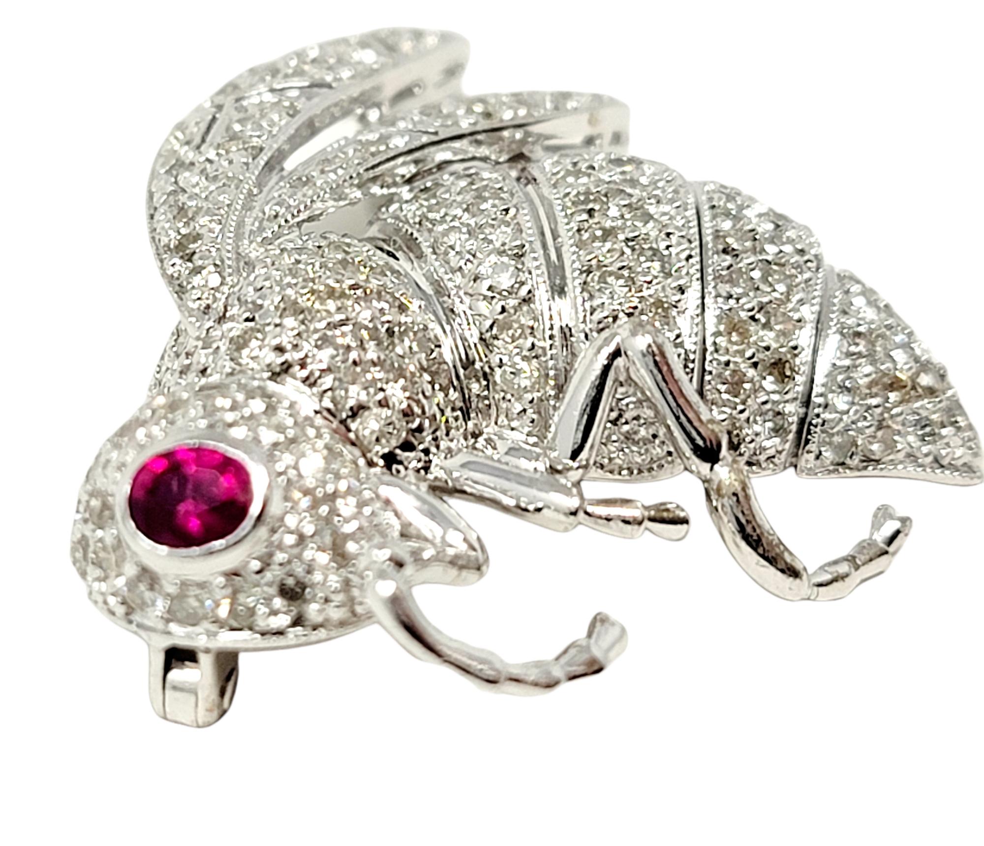 Contemporary 2.13 Carat Total Pave Diamond and Ruby Insect Bee Brooch 18 Karat White Gold For Sale
