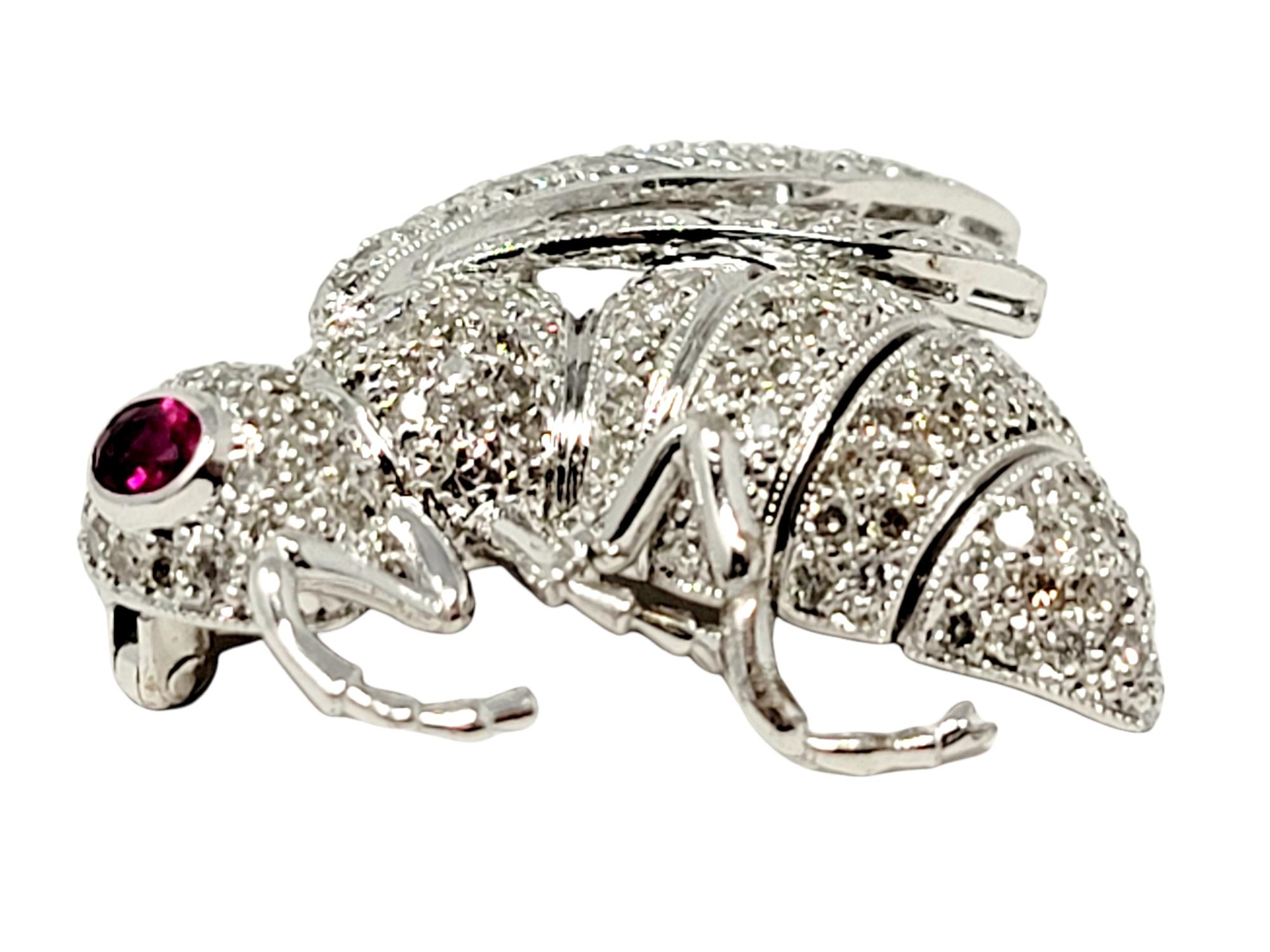 2.13 Carat Total Pave Diamond and Ruby Insect Bee Brooch 18 Karat White Gold In Good Condition For Sale In Scottsdale, AZ