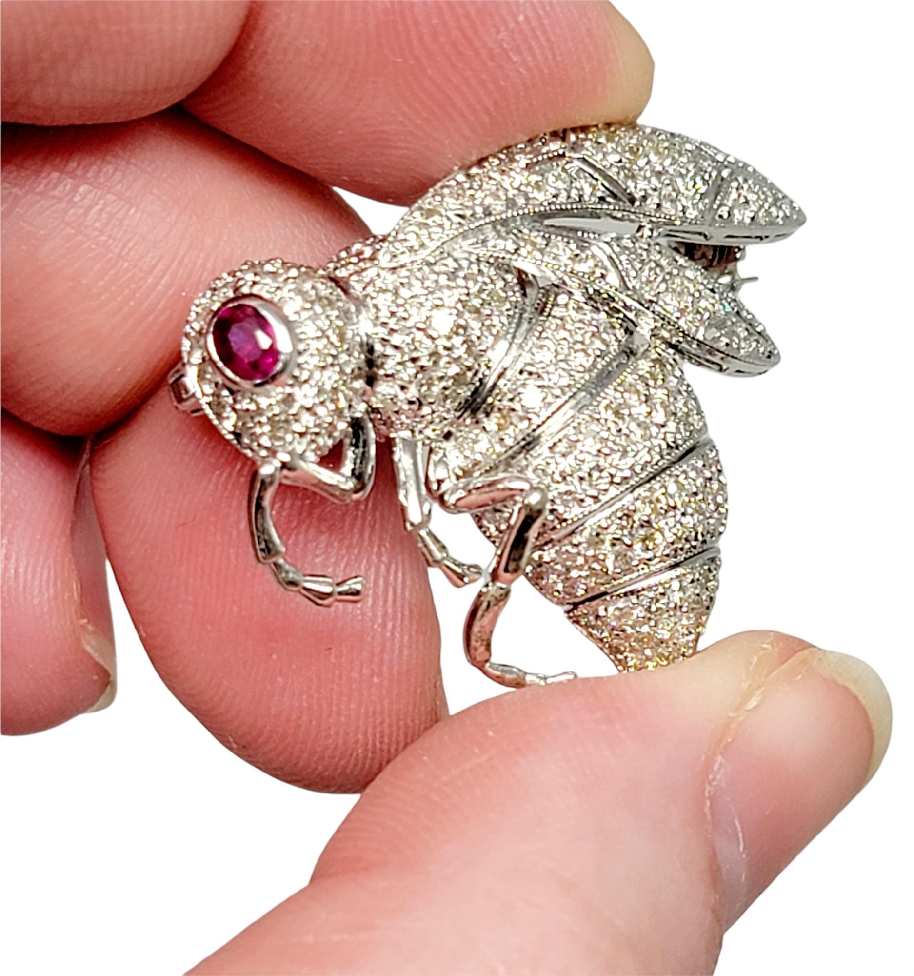 Women's 2.13 Carat Total Pave Diamond and Ruby Insect Bee Brooch 18 Karat White Gold For Sale