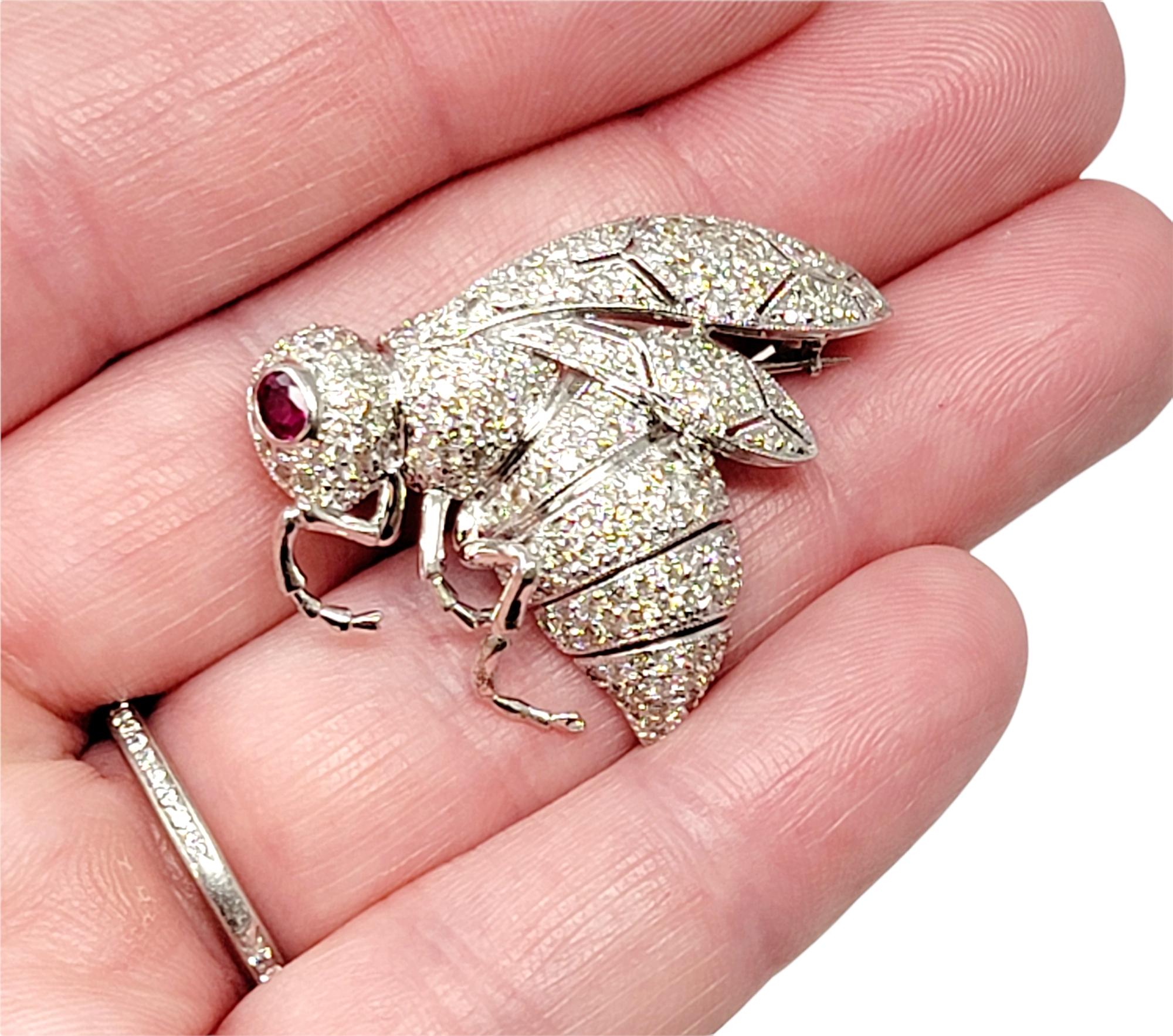 2.13 Carat Total Pave Diamond and Ruby Insect Bee Brooch 18 Karat White Gold For Sale 1