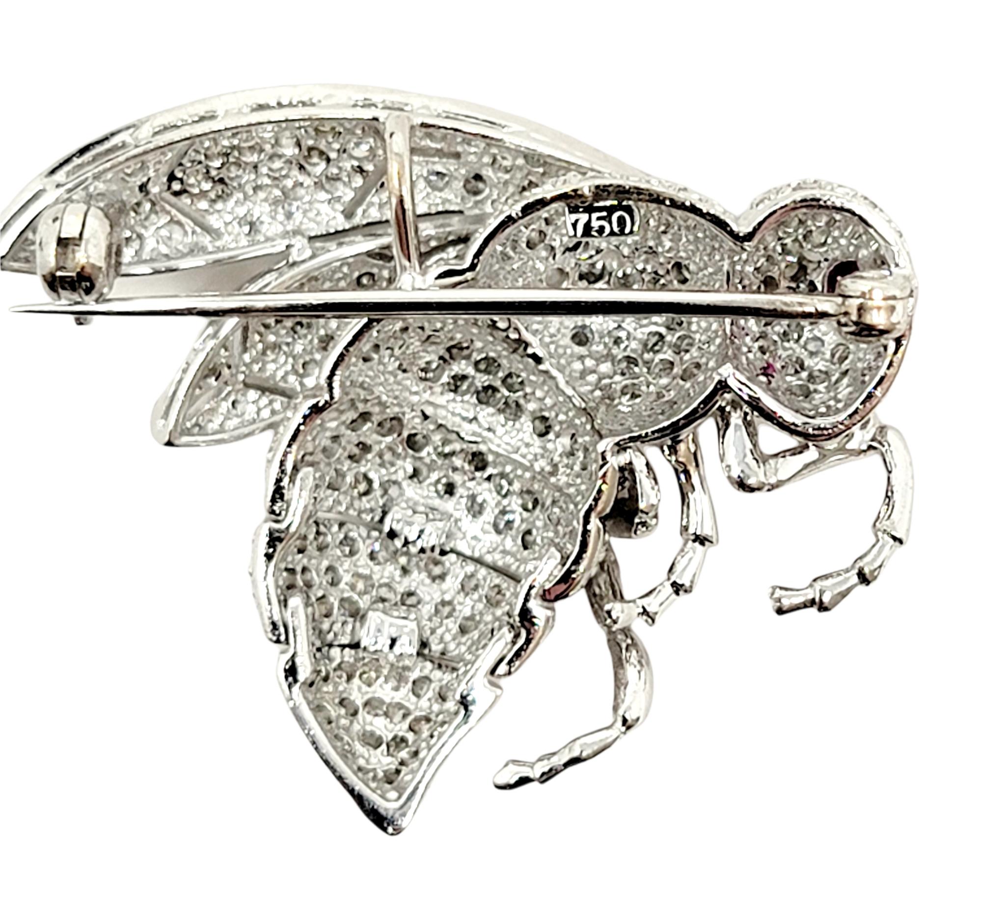 2.13 Carat Total Pave Diamond and Ruby Insect Bee Brooch 18 Karat White Gold For Sale 2