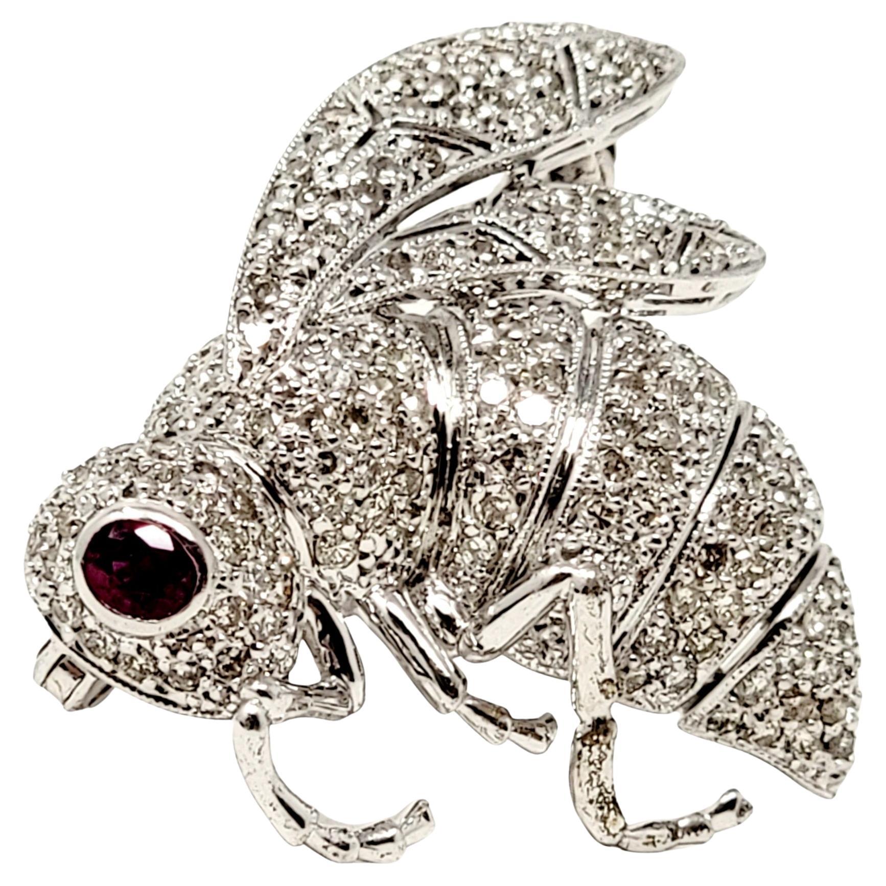 2.13 Carat Total Pave Diamond and Ruby Insect Bee Brooch 18 Karat White Gold For Sale