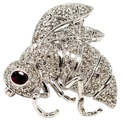 2.13 Carat Total Pave Diamond and Ruby Insect Bee Brooch 18 Karat White Gold